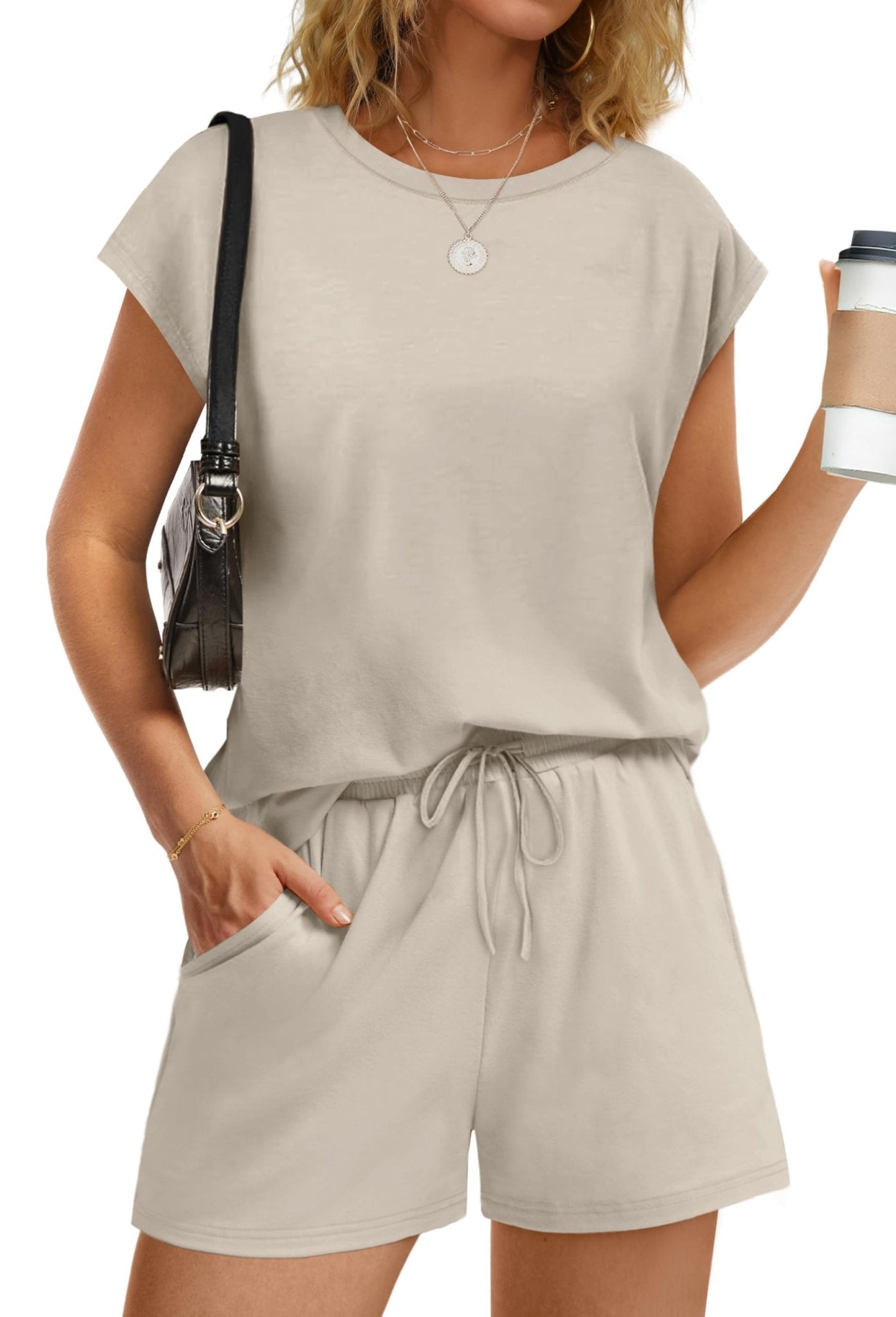 WIHOLL Two Piece Sets for Women Summer Crew Neck Lounge Short Sets Cap Sleeve Drawstring Sweatsuit with Pocket