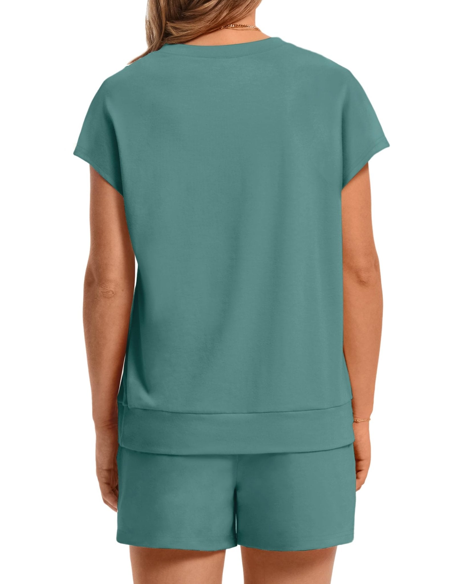 WIHOLL Two Piece Sets for Women Summer Crew Neck Lounge Short Sets Cap Sleeve Drawstring Sweatsuit with Pocket