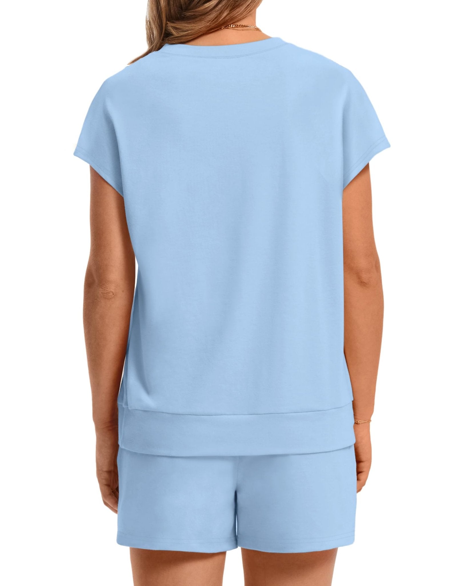 WIHOLL Two Piece Sets for Women Summer Crew Neck Lounge Short Sets Cap Sleeve Drawstring Sweatsuit with Pocket