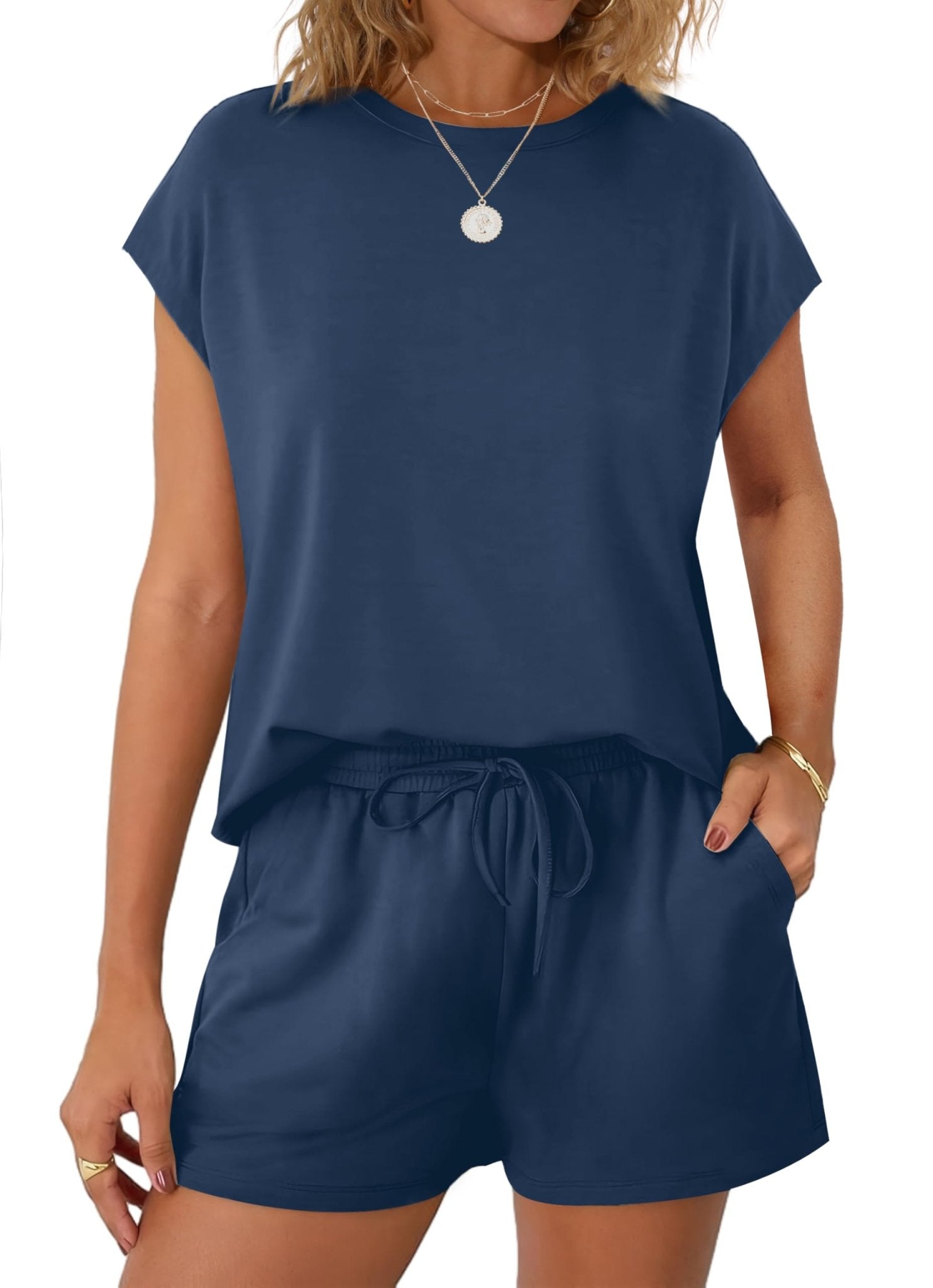 WIHOLL Two Piece Sets for Women Summer Crew Neck Lounge Short Sets Cap Sleeve Drawstring Sweatsuit with Pocket