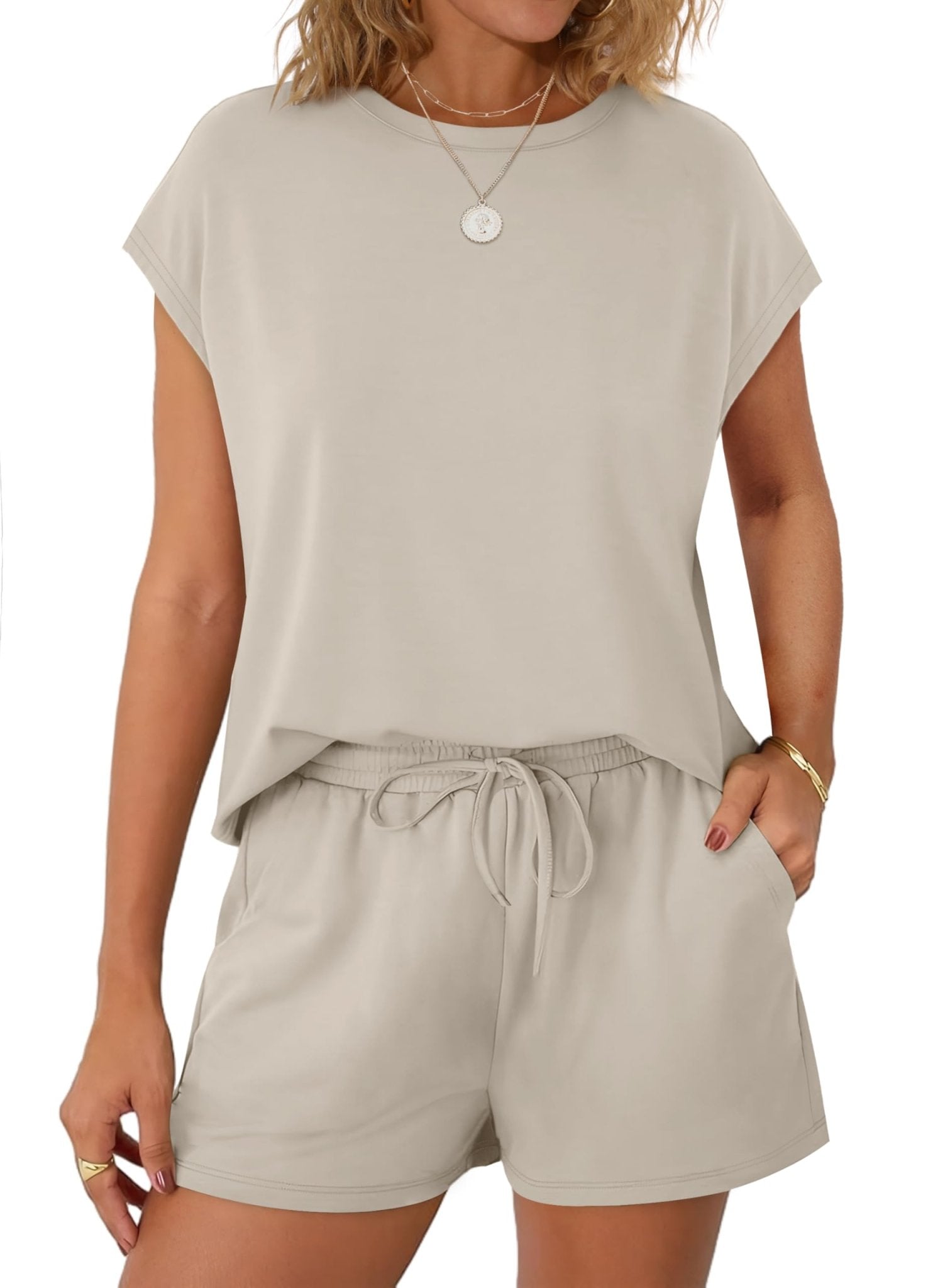 WIHOLL Two Piece Sets for Women Summer Crew Neck Lounge Short Sets Cap Sleeve Drawstring Sweatsuit with Pocket