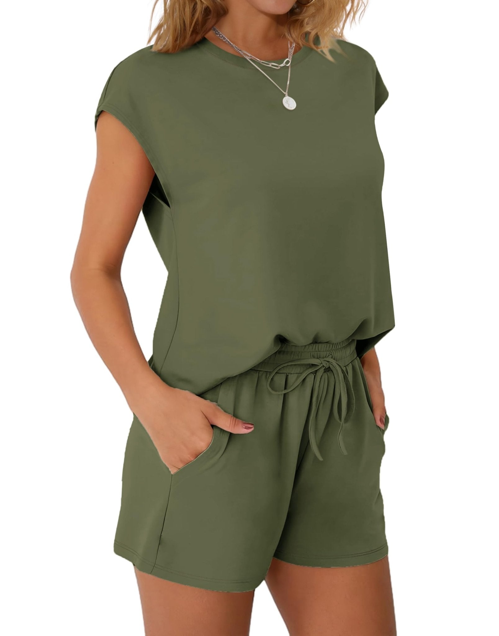 WIHOLL Two Piece Sets for Women Summer Crew Neck Lounge Short Sets Cap Sleeve Drawstring Sweatsuit with Pocket