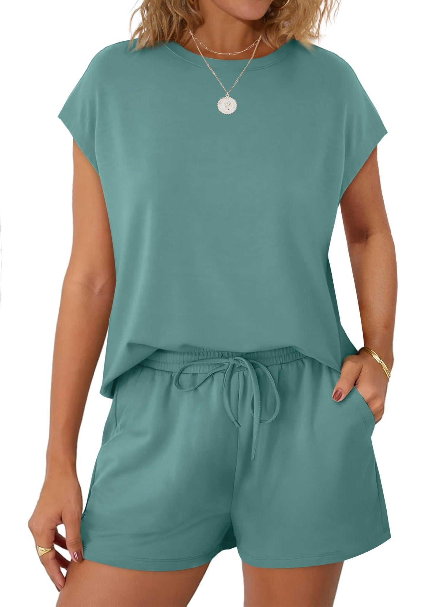 WIHOLL Two Piece Sets for Women Summer Crew Neck Lounge Short Sets Cap Sleeve Drawstring Sweatsuit with Pocket