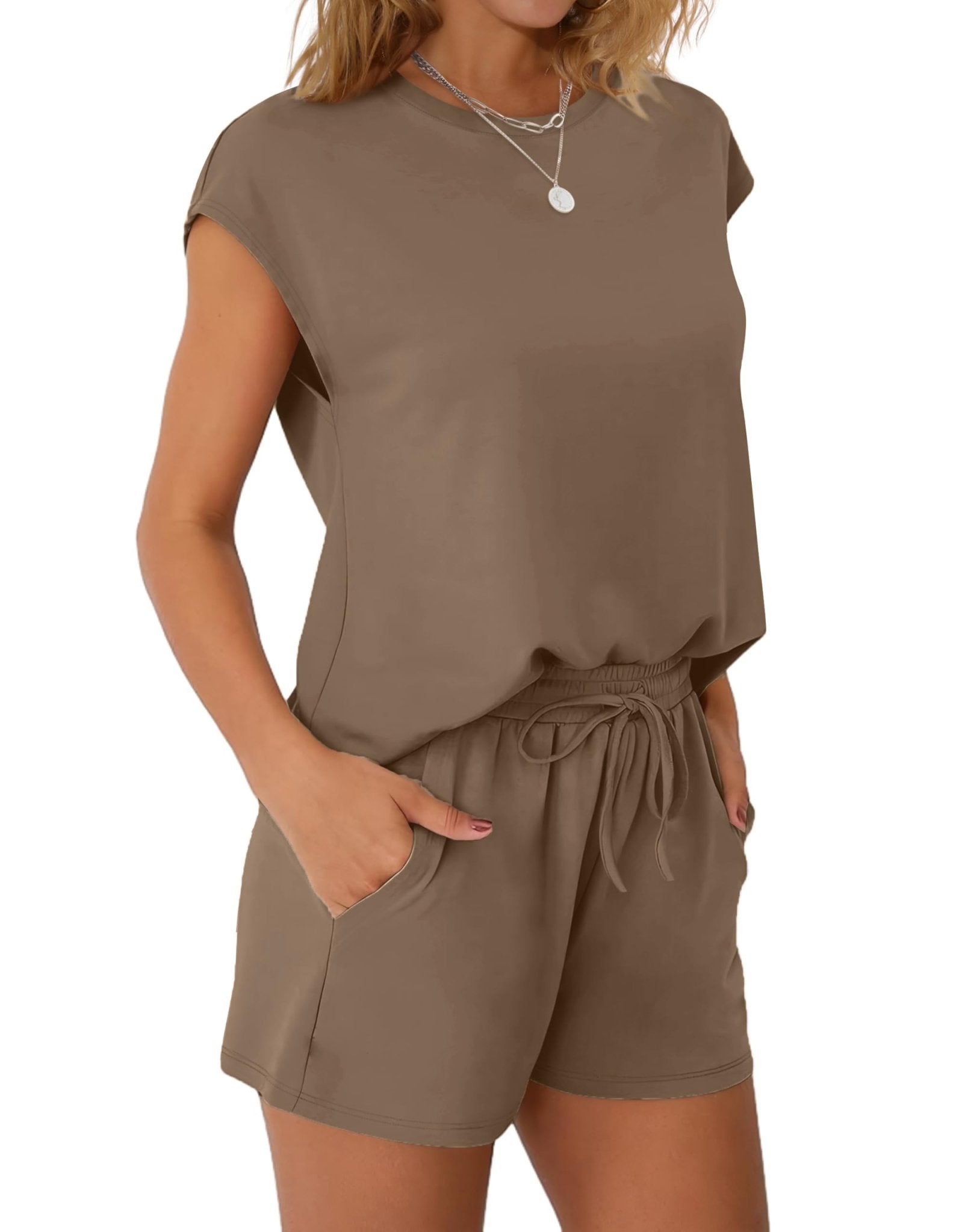 WIHOLL Two Piece Sets for Women Summer Crew Neck Lounge Short Sets Cap Sleeve Drawstring Sweatsuit with Pocket