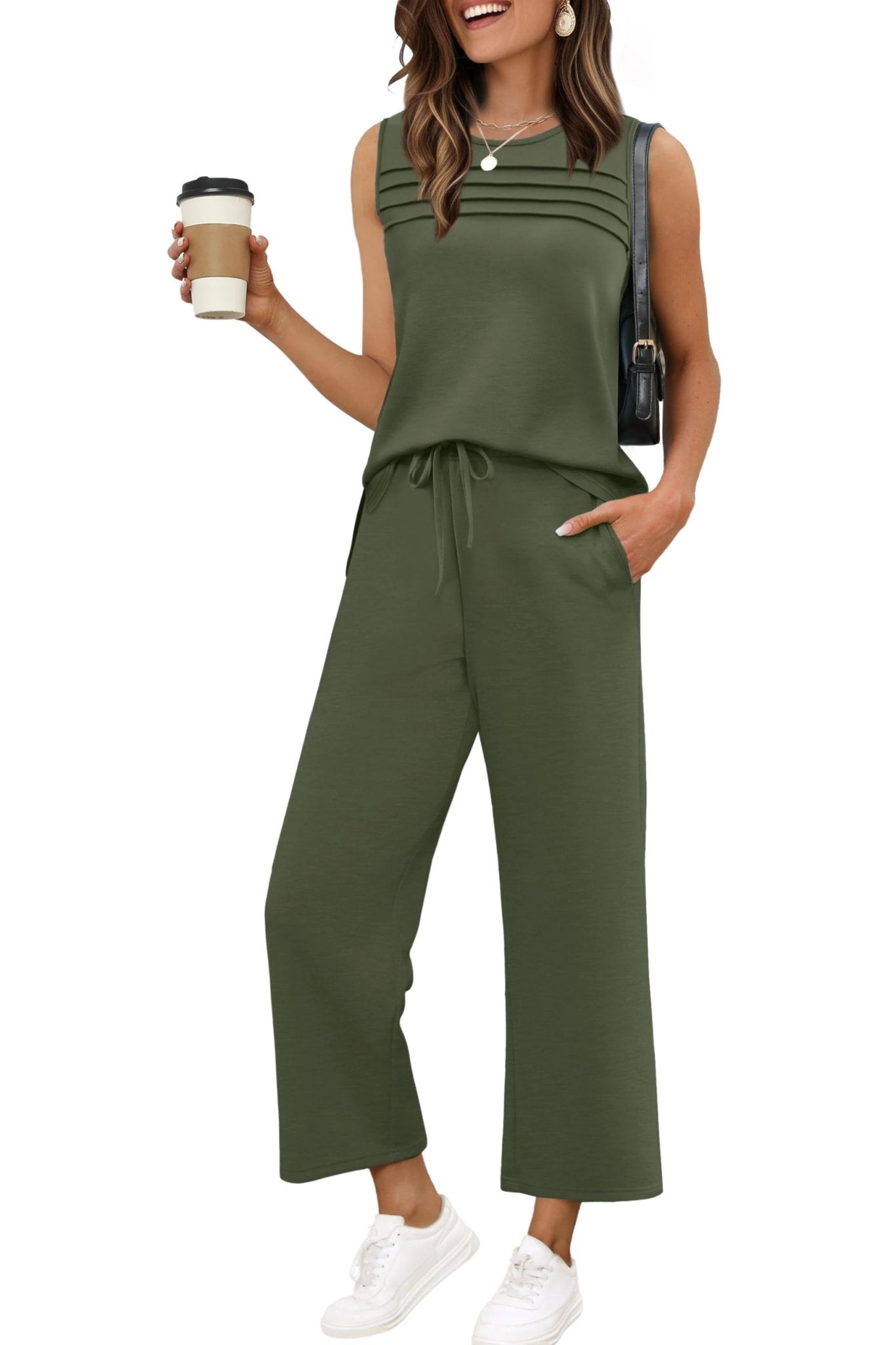 WIHOLL Two Piece Sets for Women Summer Outfits Matching Lounge Sets Wide Leg Crop Pants Vacation Travel