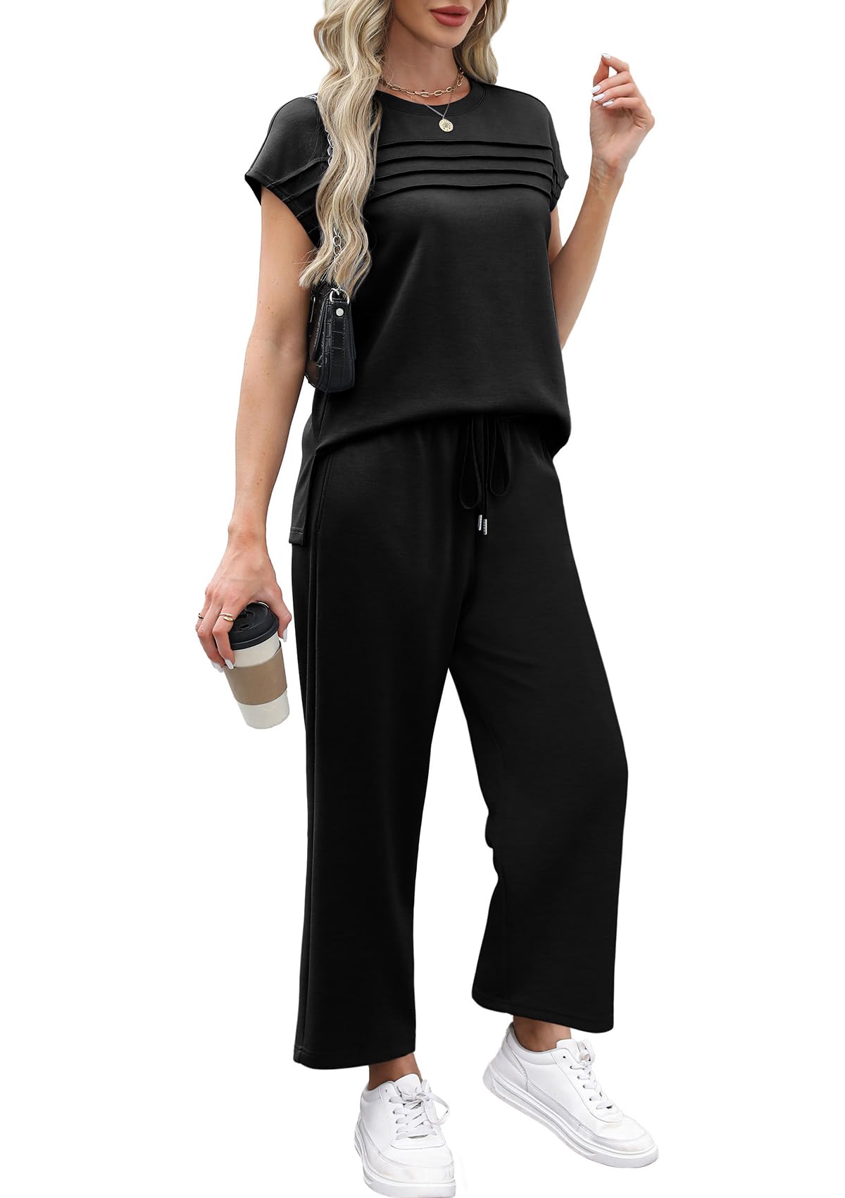 WIHOLL Two Piece Sets for Women Summer Travel Vacation Outfits Cap Sleeve Lounge Matching Sets Wide Leg Pants S-3XL