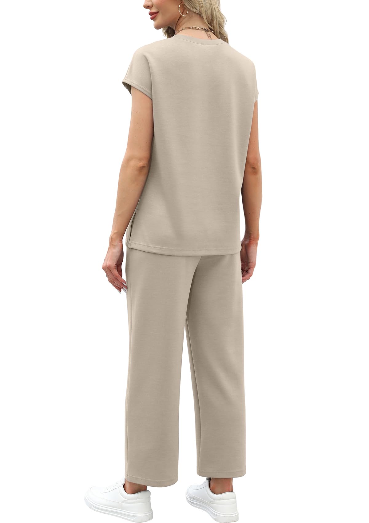 WIHOLL Two Piece Sets for Women Summer Travel Vacation Outfits Cap Sleeve Lounge Matching Sets Wide Leg Pants S-3XL