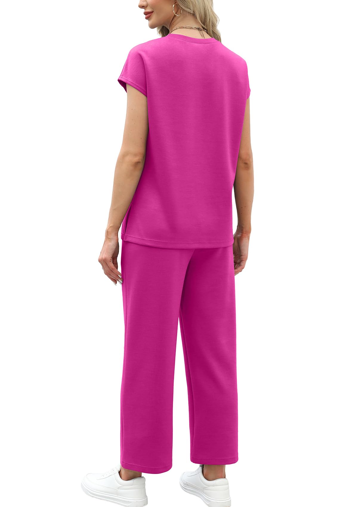 WIHOLL Two Piece Sets for Women Summer Travel Vacation Outfits Cap Sleeve Lounge Matching Sets Wide Leg Pants S-3XL