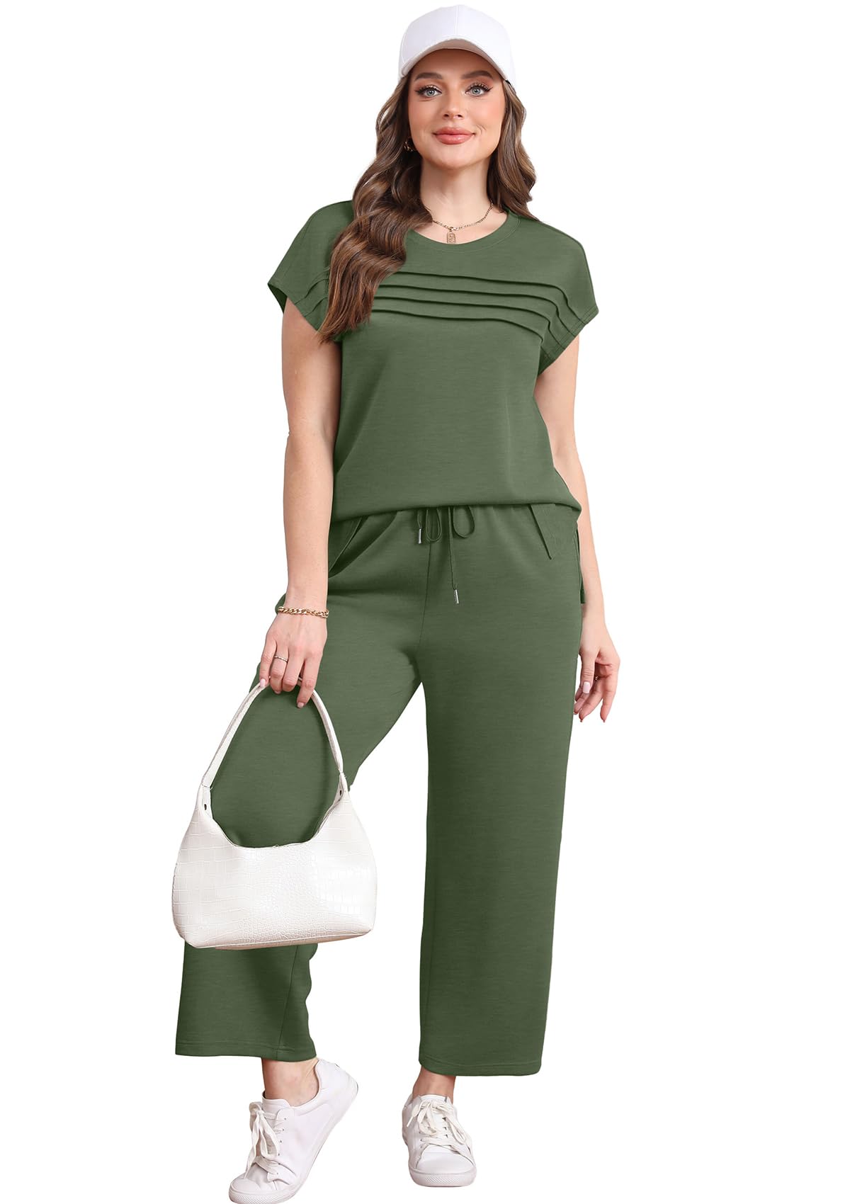 WIHOLL Two Piece Sets for Women Summer Travel Vacation Outfits Cap Sleeve Lounge Matching Sets Wide Leg Pants S-3XL