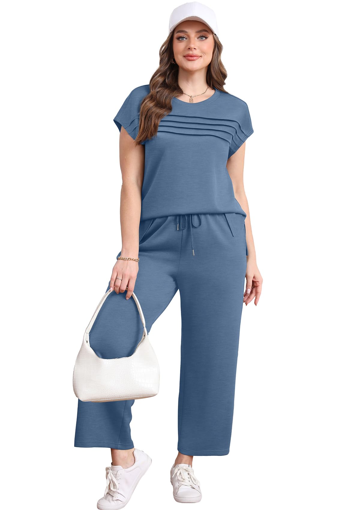 WIHOLL Two Piece Sets for Women Summer Travel Vacation Outfits Cap Sleeve Lounge Matching Sets Wide Leg Pants S-3XL