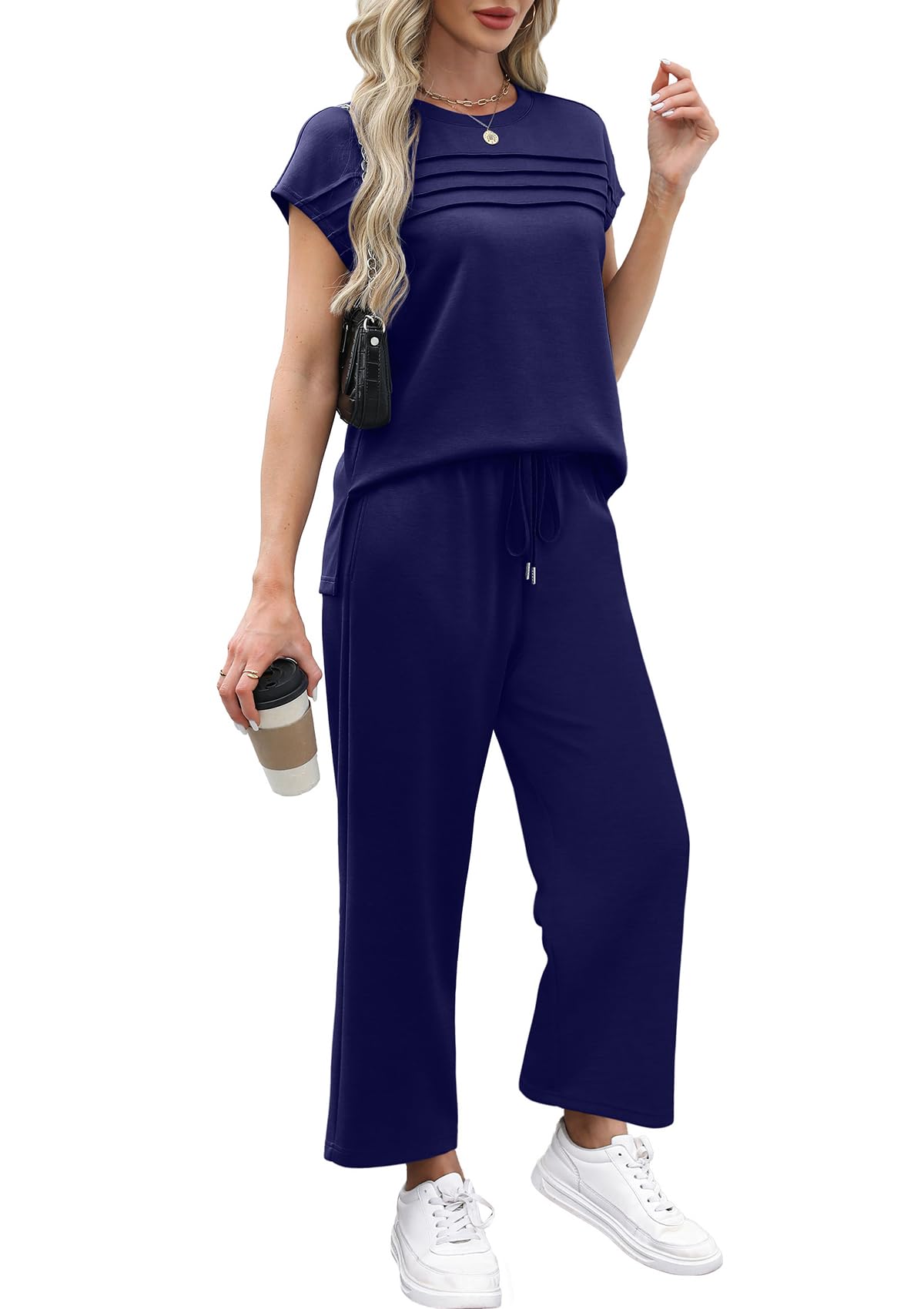 WIHOLL Two Piece Sets for Women Summer Travel Vacation Outfits Cap Sleeve Lounge Matching Sets Wide Leg Pants S-3XL