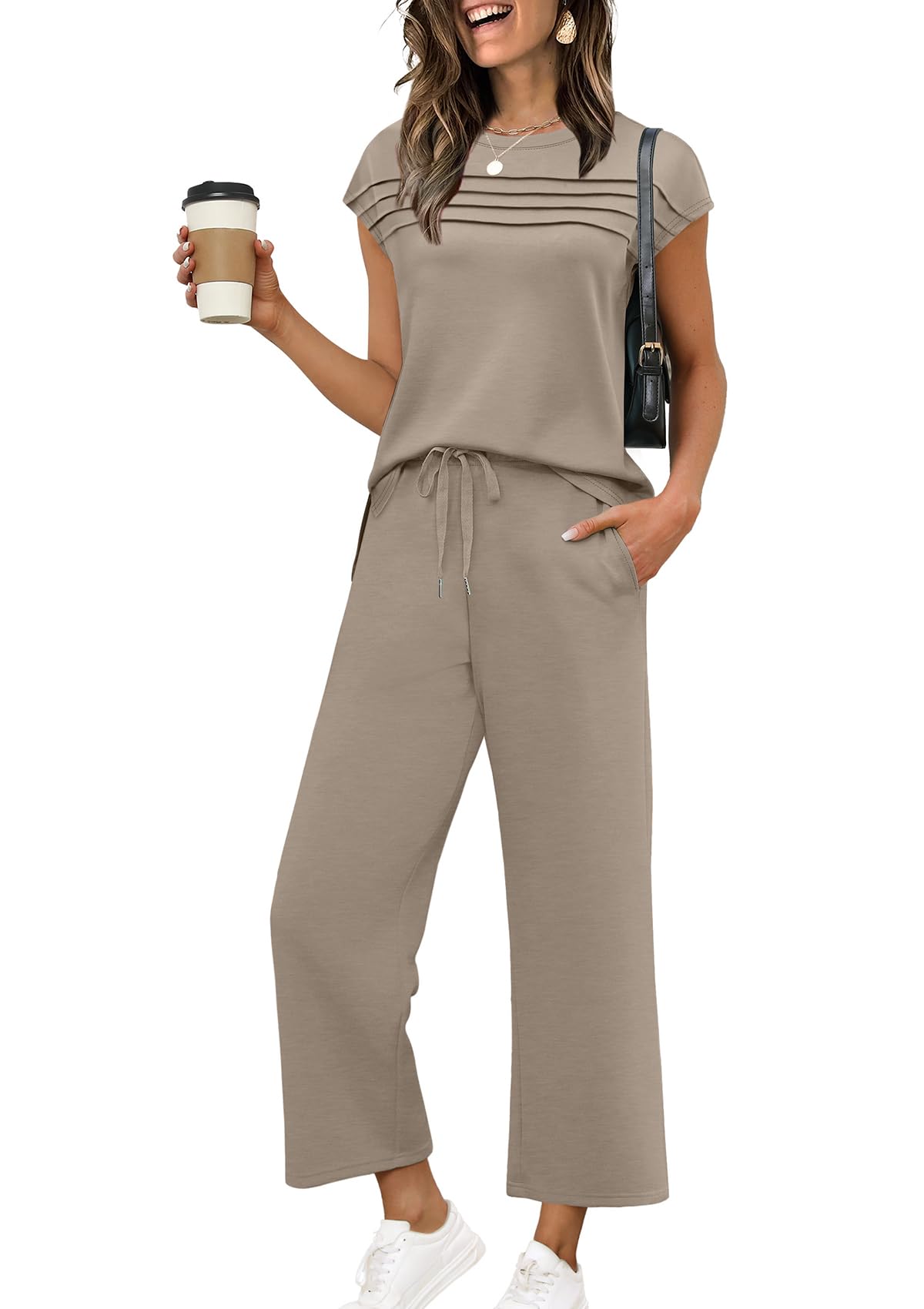 WIHOLL Two Piece Sets for Women Summer Travel Vacation Outfits Cap Sleeve Lounge Matching Sets Wide Leg Pants S-3XL