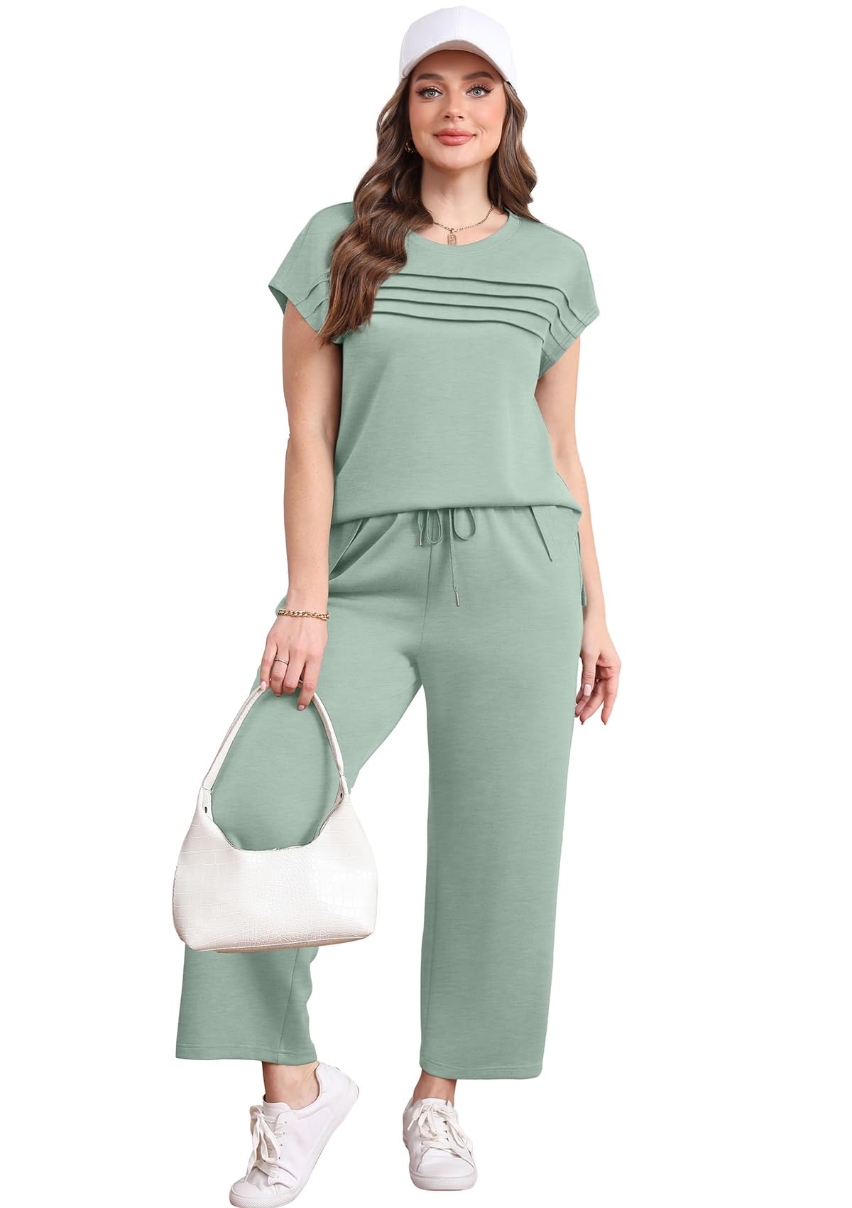 WIHOLL Two Piece Sets for Women Summer Travel Vacation Outfits Cap Sleeve Lounge Matching Sets Wide Leg Pants S-3XL