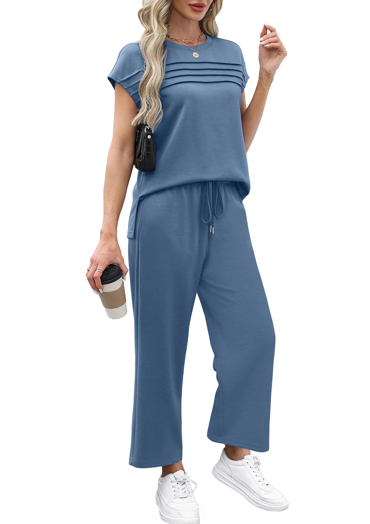 WIHOLL Two Piece Sets for Women Summer Travel Vacation Outfits Cap Sleeve Lounge Matching Sets Wide Leg Pants S-3XL