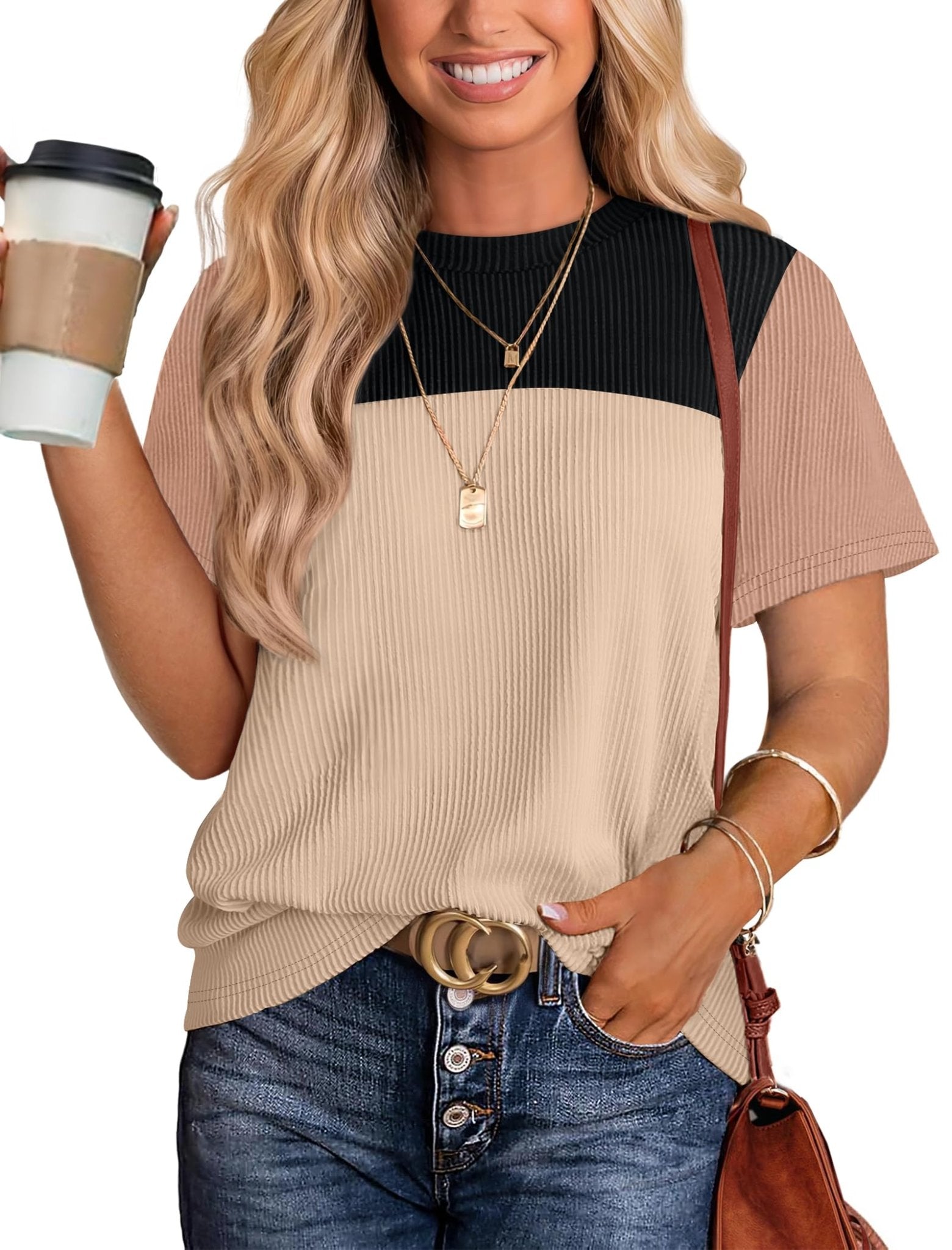 WIHOLL Womens Fashion 2025 Color Block Shirts Short Sleeve Crewneck Knitted Spring Summer Tops Casual Trendy