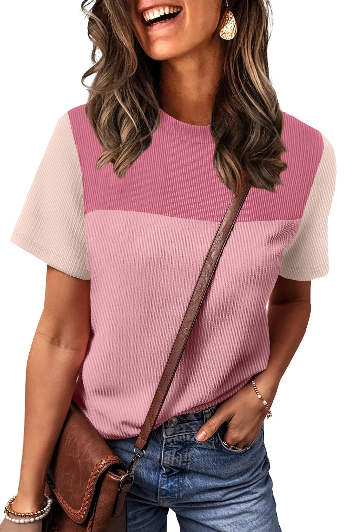 WIHOLL Womens Fashion 2025 Color Block Shirts Short Sleeve Crewneck Knitted Spring Summer Tops Casual Trendy