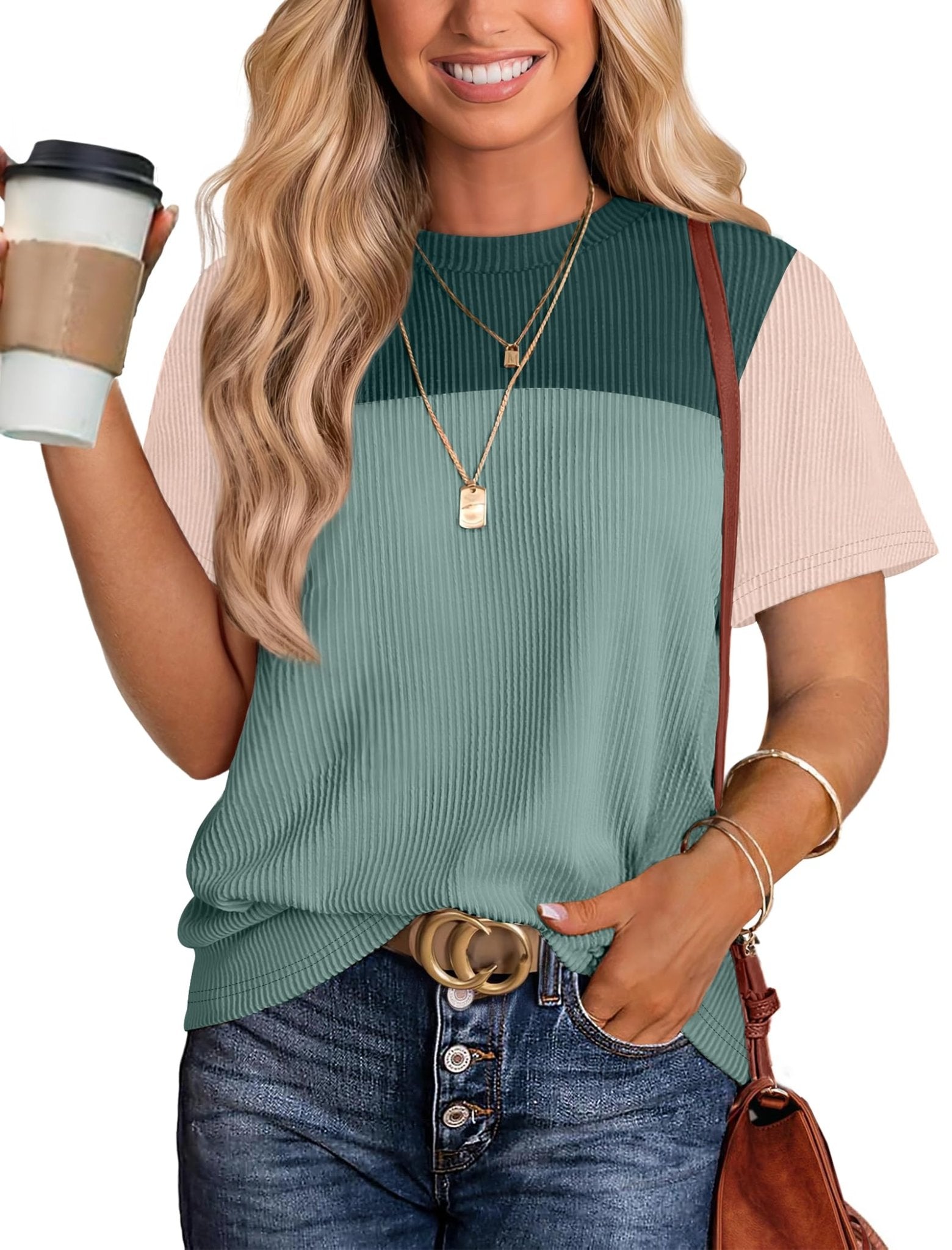 WIHOLL Womens Fashion 2025 Color Block Shirts Short Sleeve Crewneck Knitted Spring Summer Tops Casual Trendy