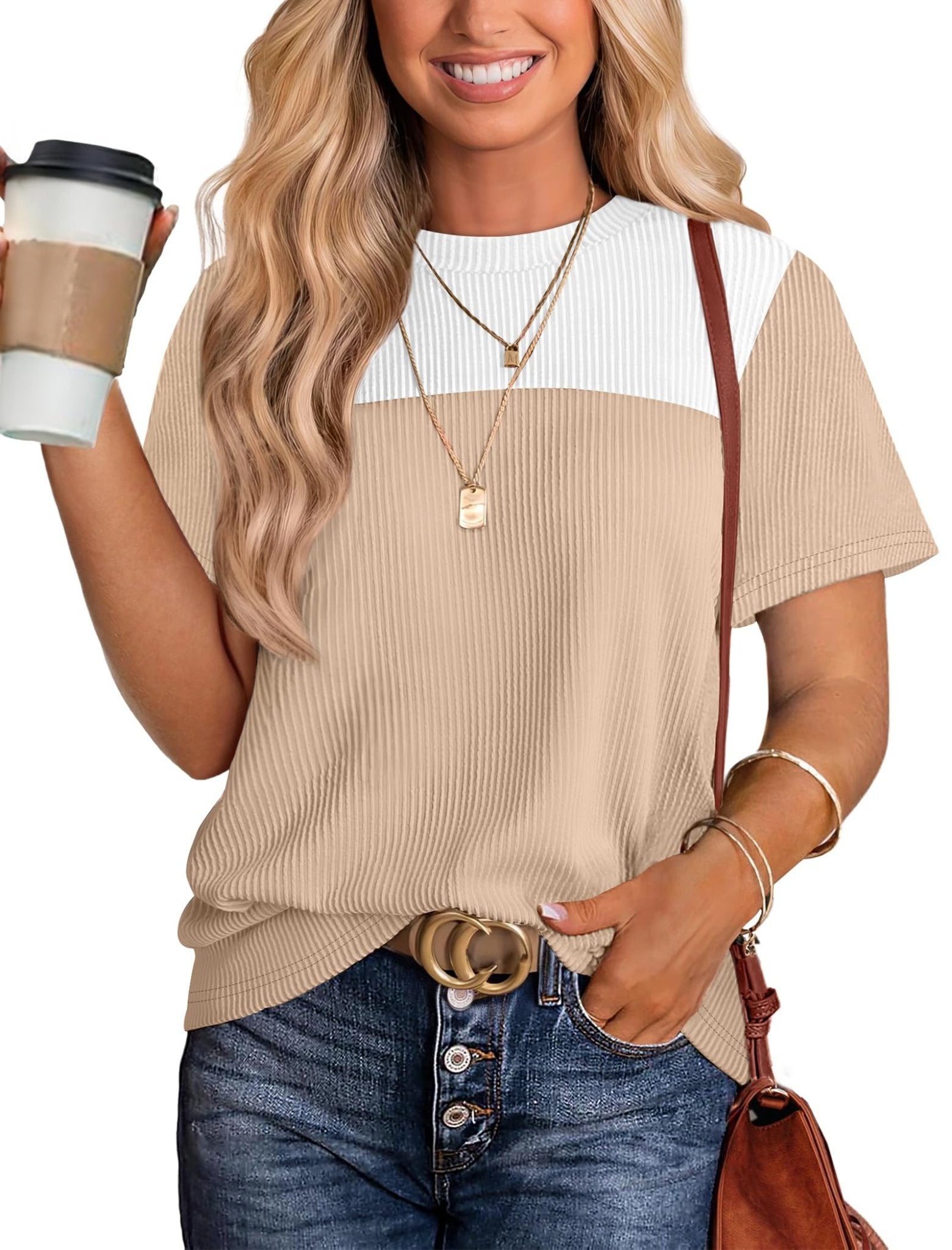 WIHOLL Womens Fashion 2025 Color Block Shirts Short Sleeve Crewneck Knitted Spring Summer Tops Casual Trendy
