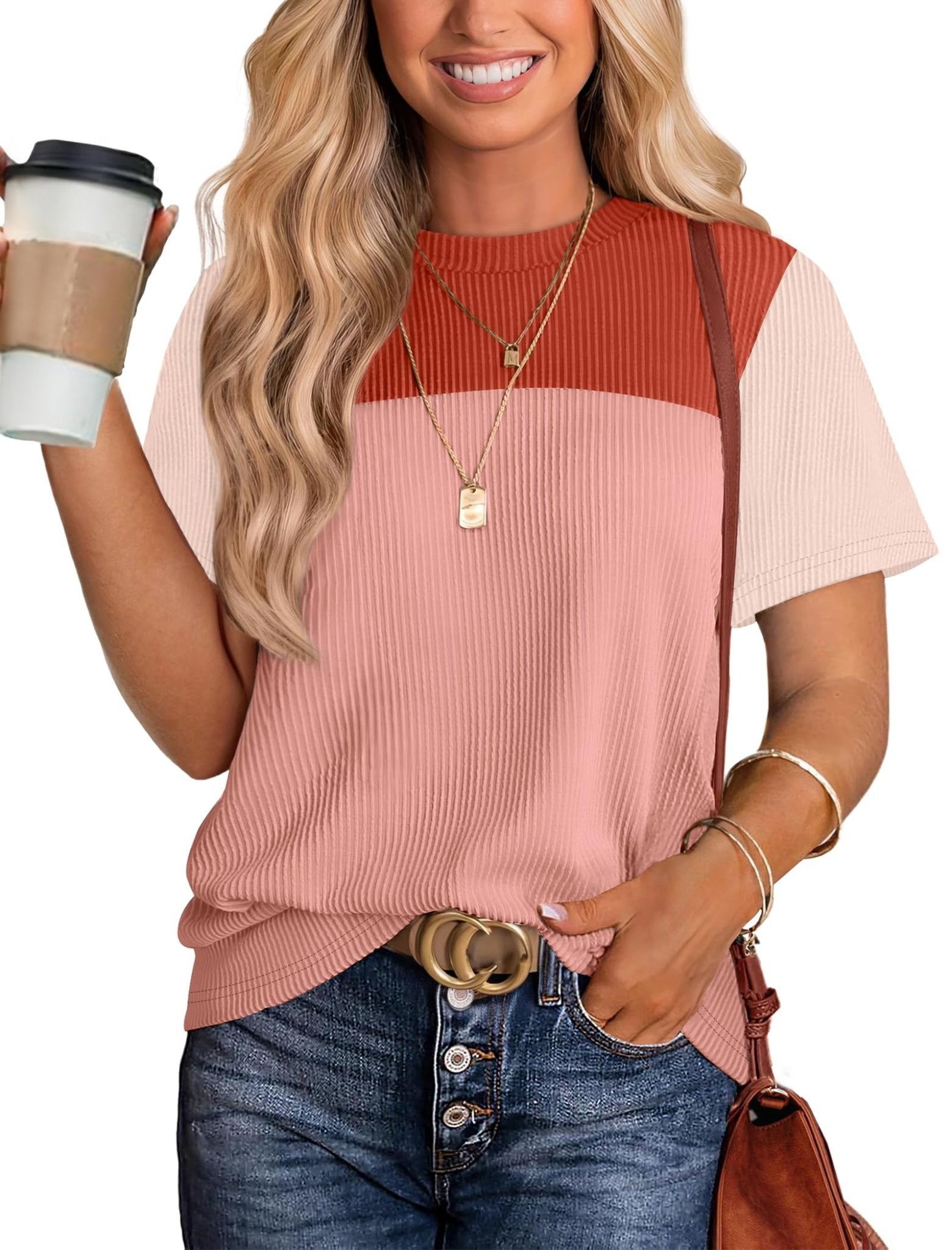 WIHOLL Womens Fashion 2025 Color Block Shirts Short Sleeve Crewneck Knitted Spring Summer Tops Casual Trendy