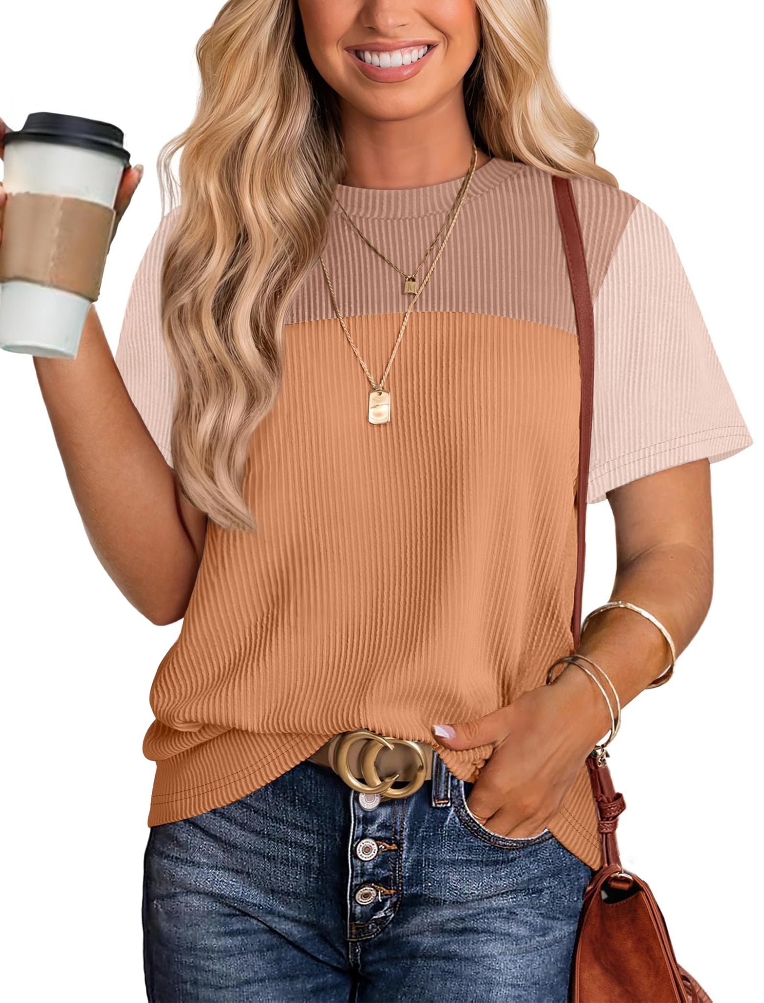 WIHOLL Womens Fashion 2025 Color Block Shirts Short Sleeve Crewneck Knitted Spring Summer Tops Casual Trendy