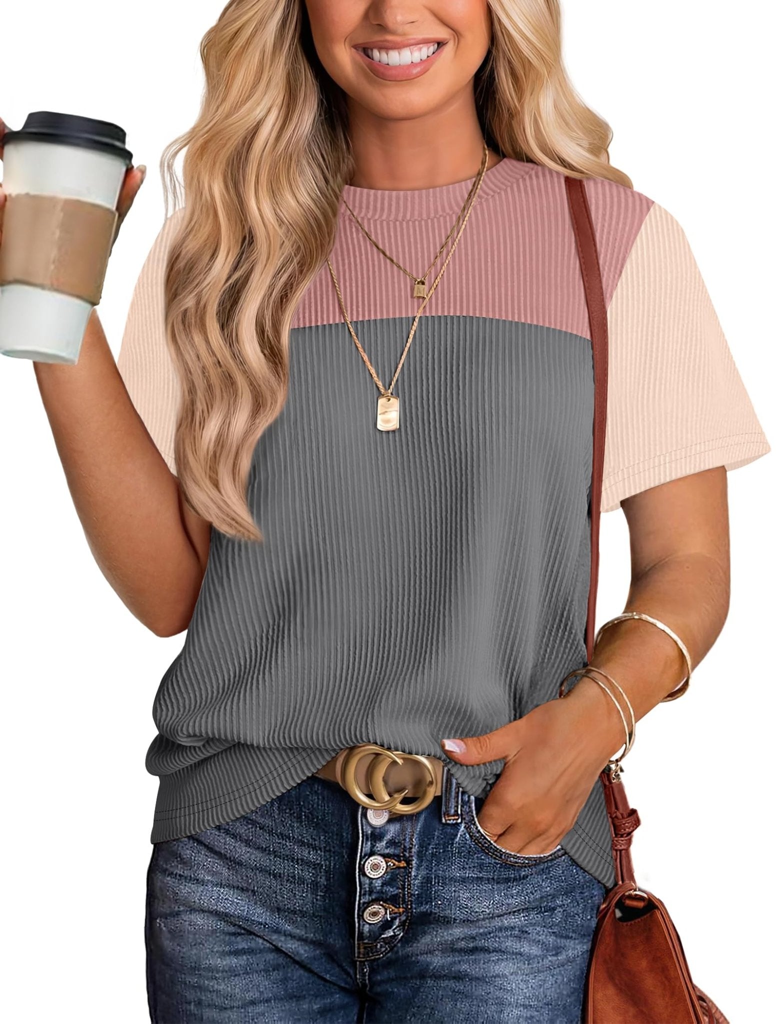 WIHOLL Womens Fashion 2025 Color Block Shirts Short Sleeve Crewneck Knitted Spring Summer Tops Casual Trendy