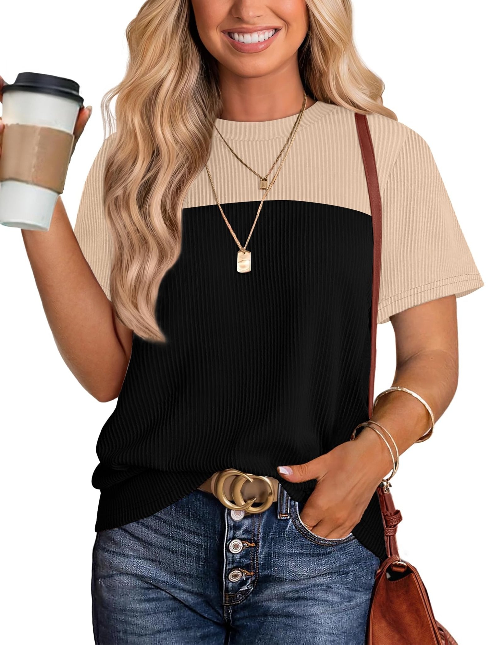 WIHOLL Womens Fashion 2025 Color Block Shirts Short Sleeve Crewneck Knitted Spring Summer Tops Casual Trendy