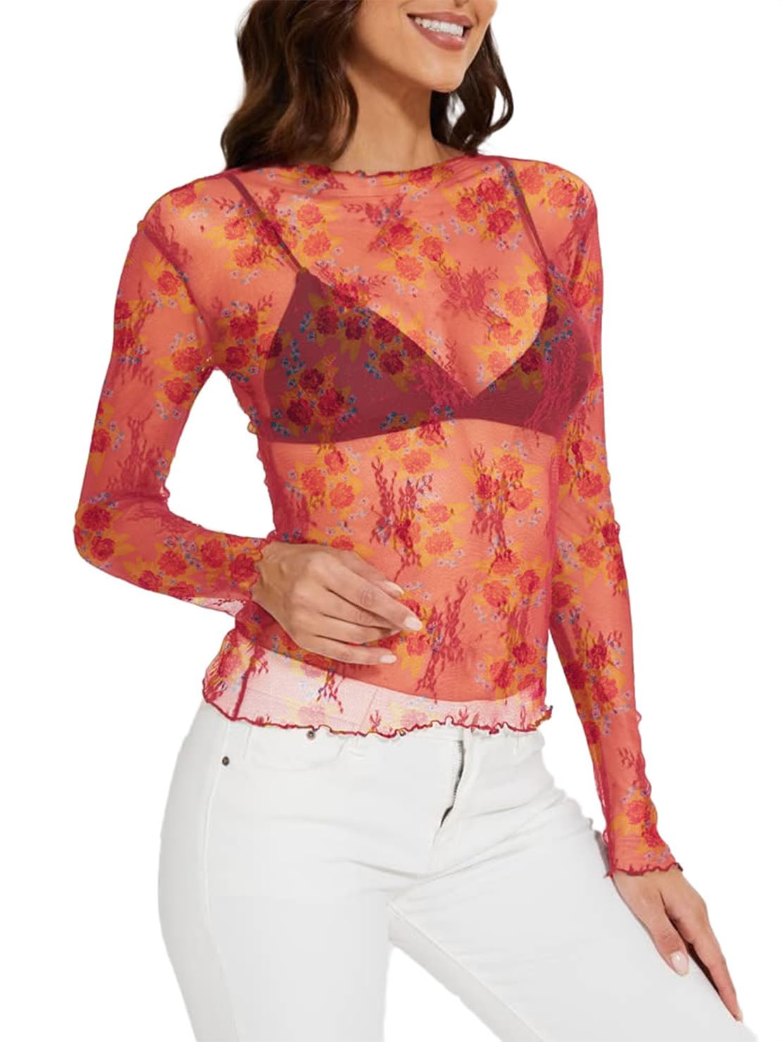 WIHOLL Womens Mesh Sheer Tops Sexy Crew Neck Summer Loose FIt Party Clubwear Shirts