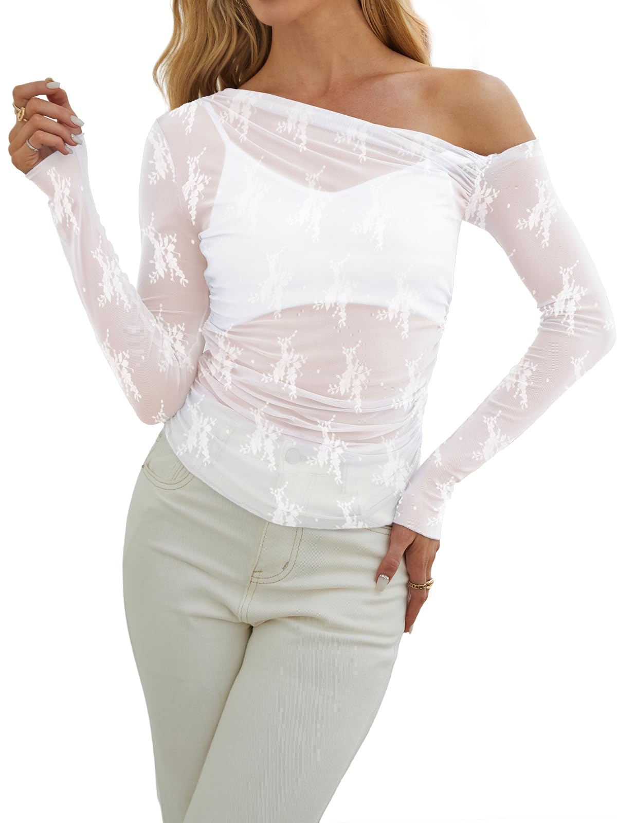 WIHOLL Womens Mesh Sheer Tops Sexy Crew Neck Summer Loose FIt Party Clubwear Shirts