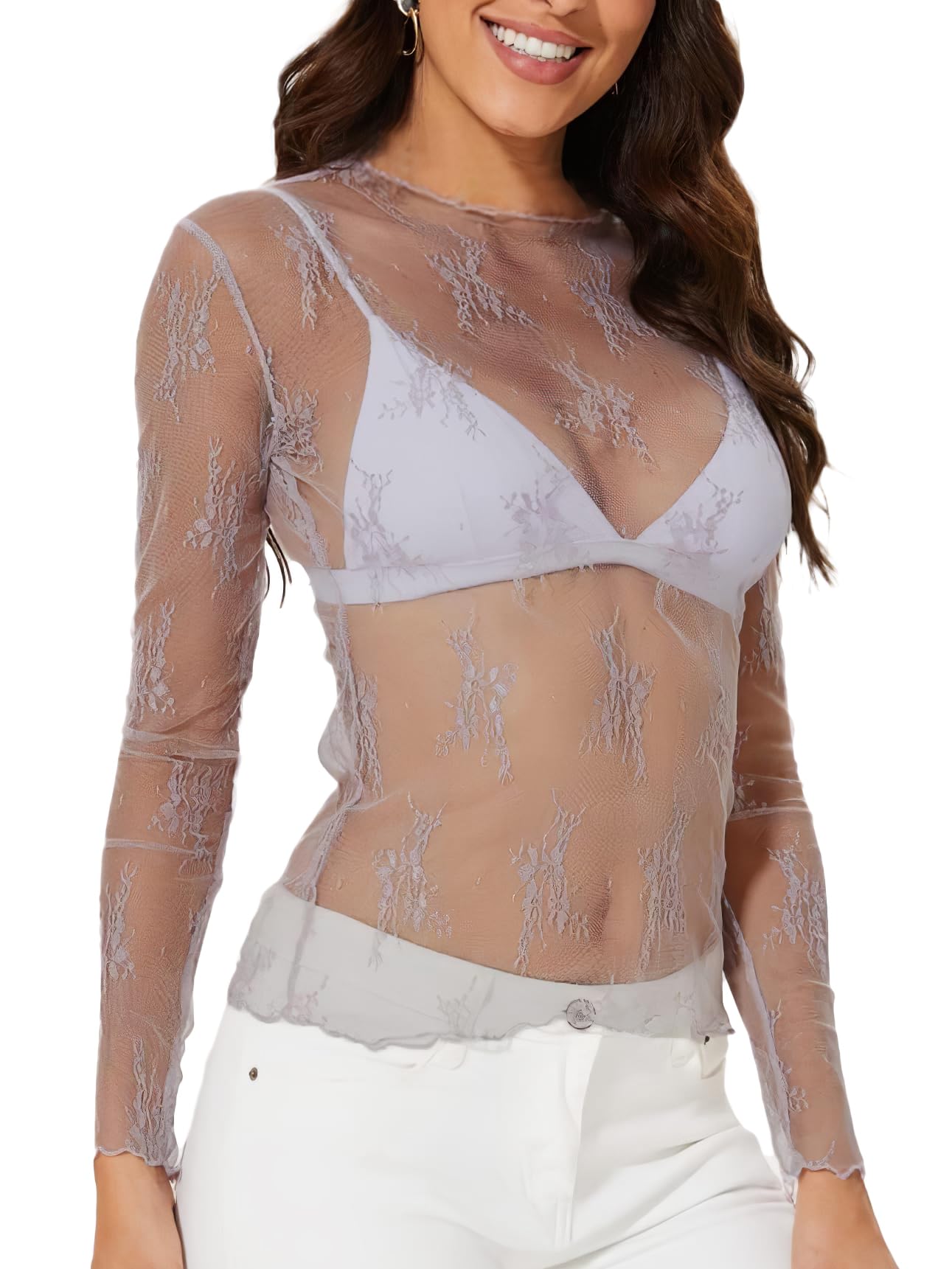 WIHOLL Womens Mesh Sheer Tops Sexy Crew Neck Summer Loose FIt Party Clubwear Shirts