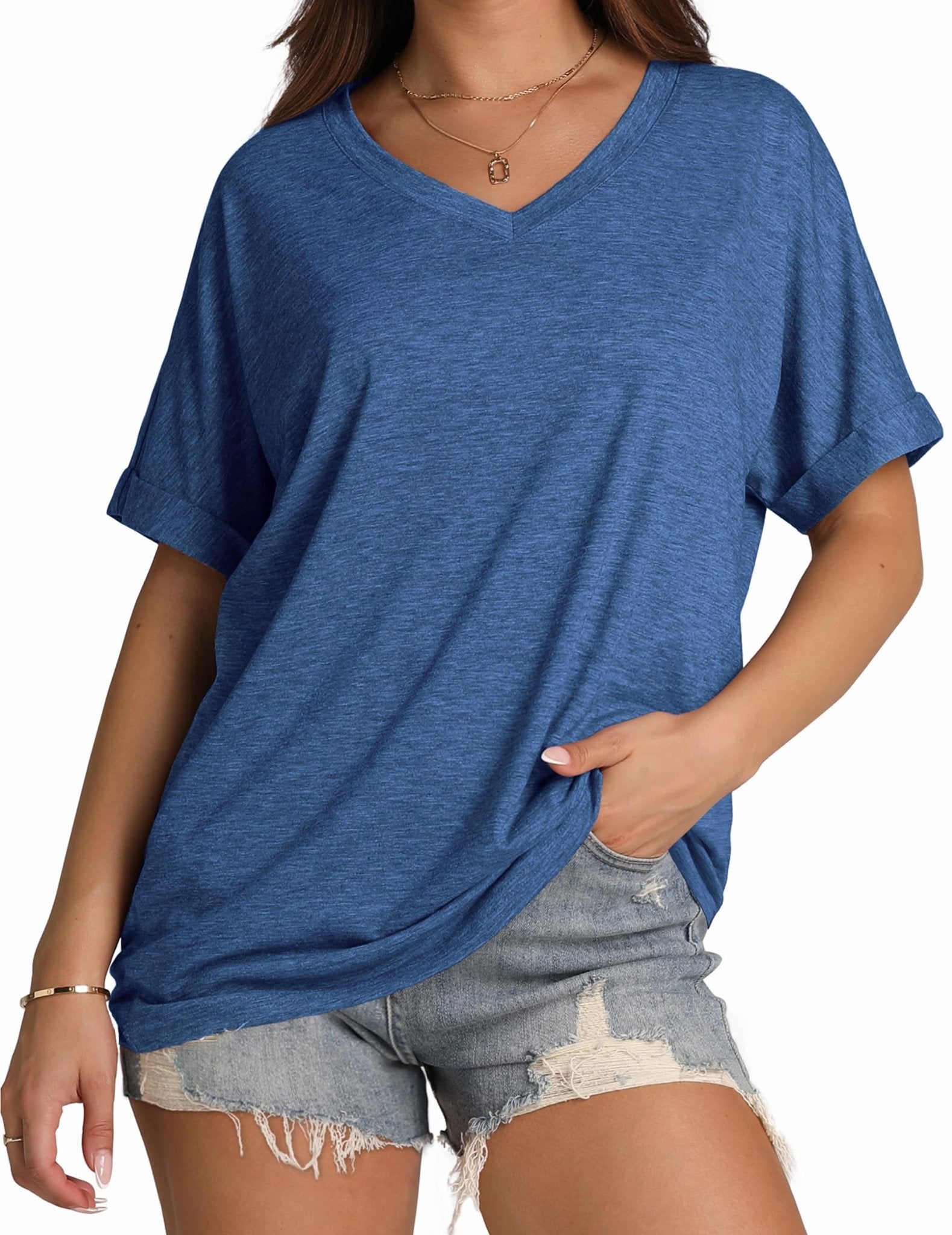 WIHOLL Womens Oversized Tshirts Summer Tops 2025 Short Sleeve V Neck Shirts Outfits Plus Size Clothes