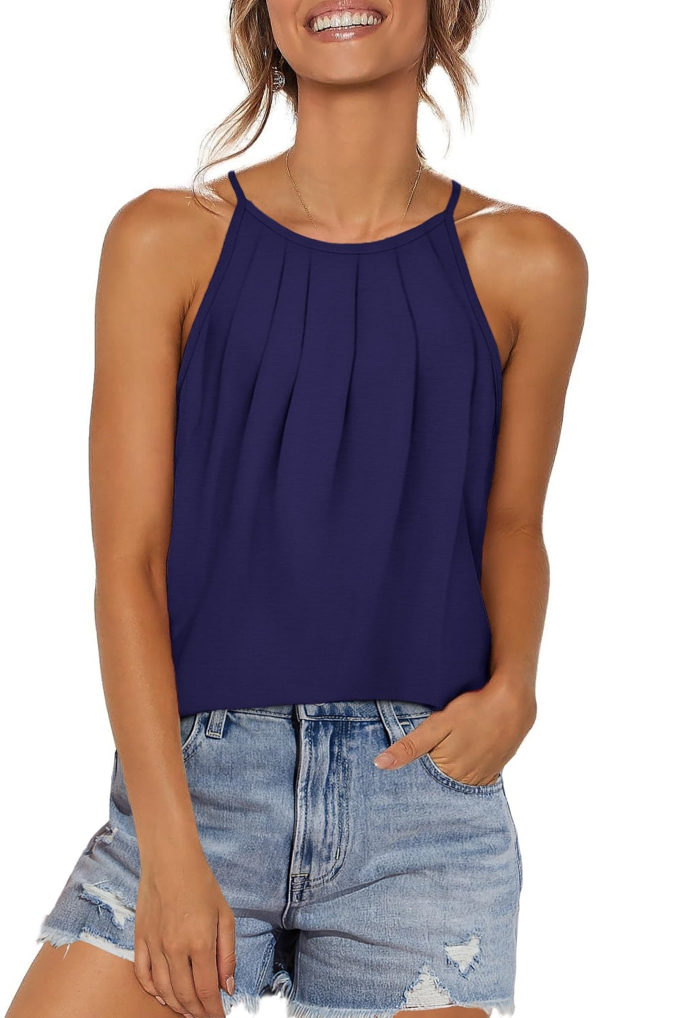 WIHOLL Womens Pleated Tank Tops Spaghetti Strap Camisole Halter Tops Curved Hem Fashion 2025