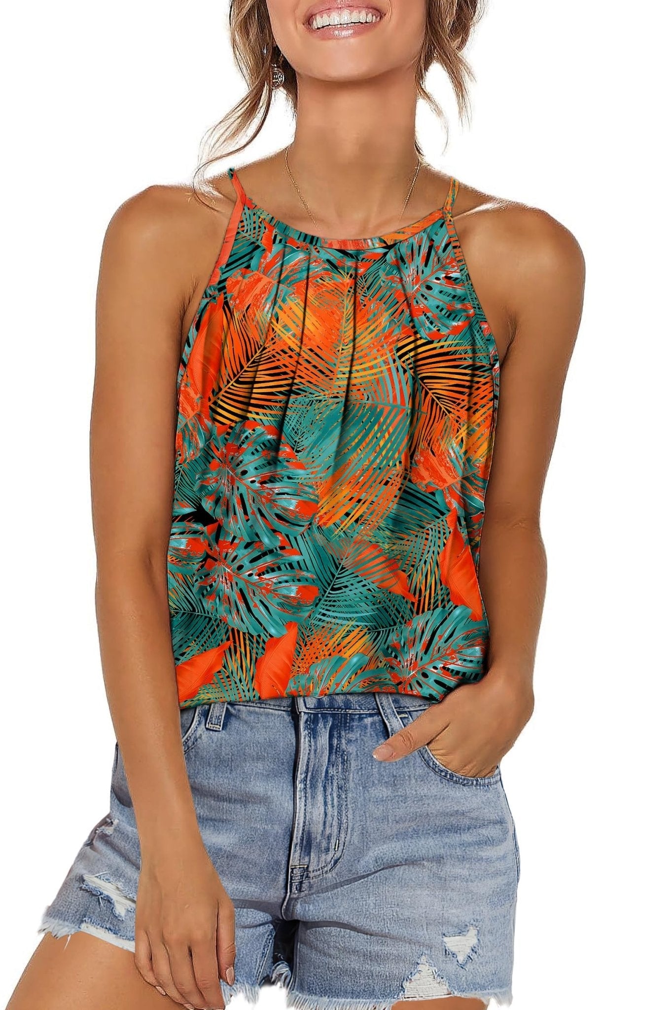 WIHOLL Womens Pleated Tank Tops Spaghetti Strap Camisole Halter Tops Curved Hem Fashion 2025