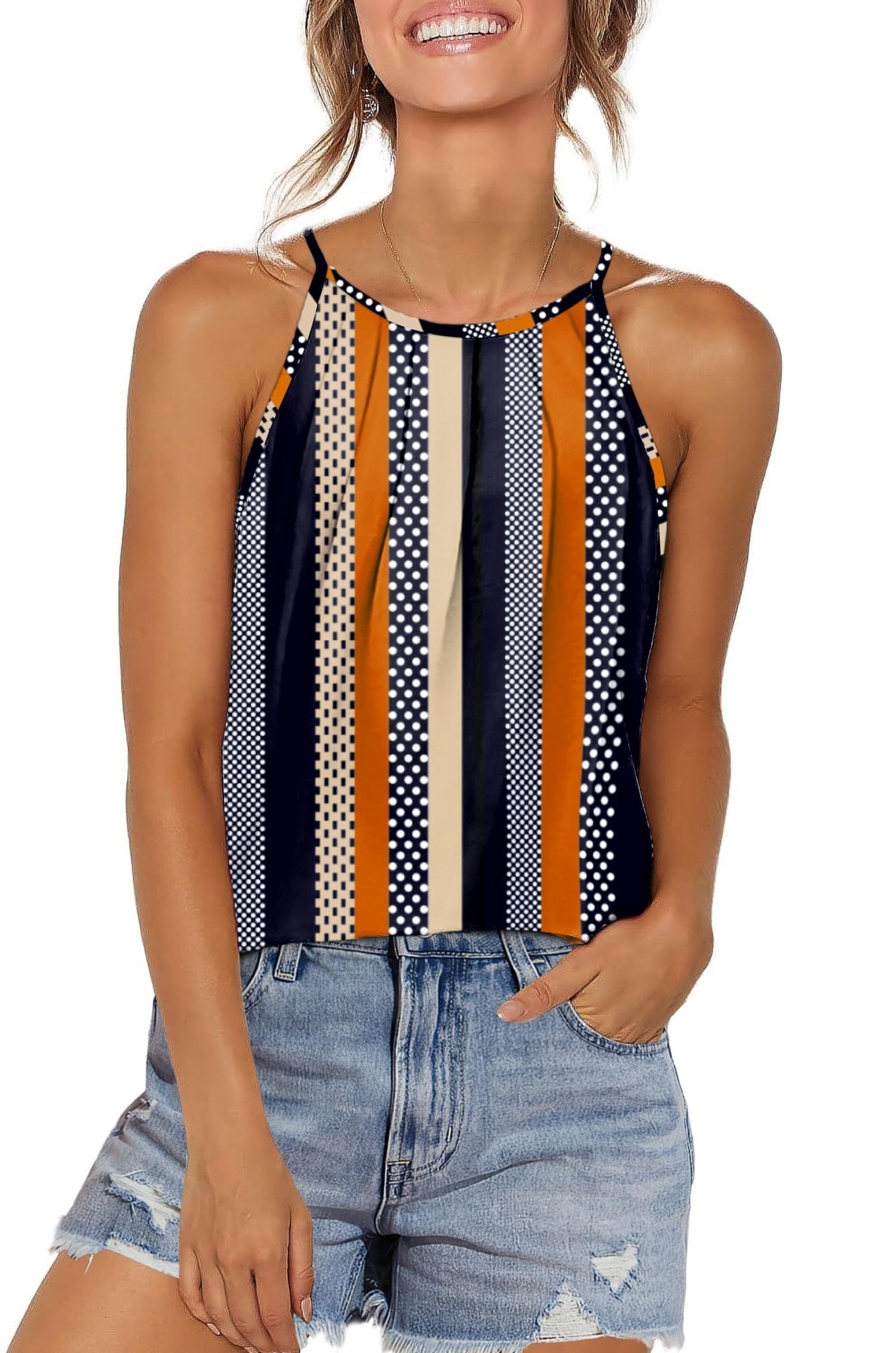 WIHOLL Womens Pleated Tank Tops Spaghetti Strap Camisole Halter Tops Curved Hem Fashion 2025