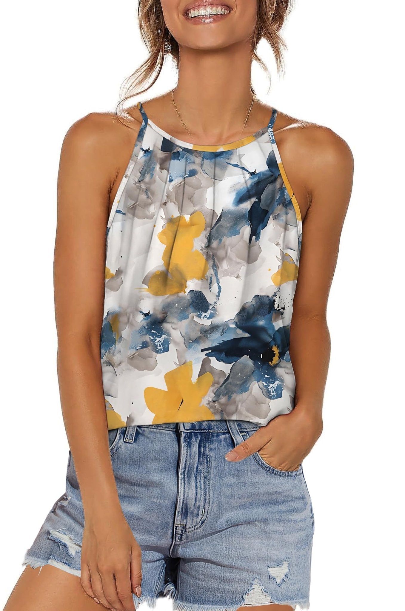 WIHOLL Womens Pleated Tank Tops Spaghetti Strap Camisole Halter Tops Curved Hem Fashion 2025