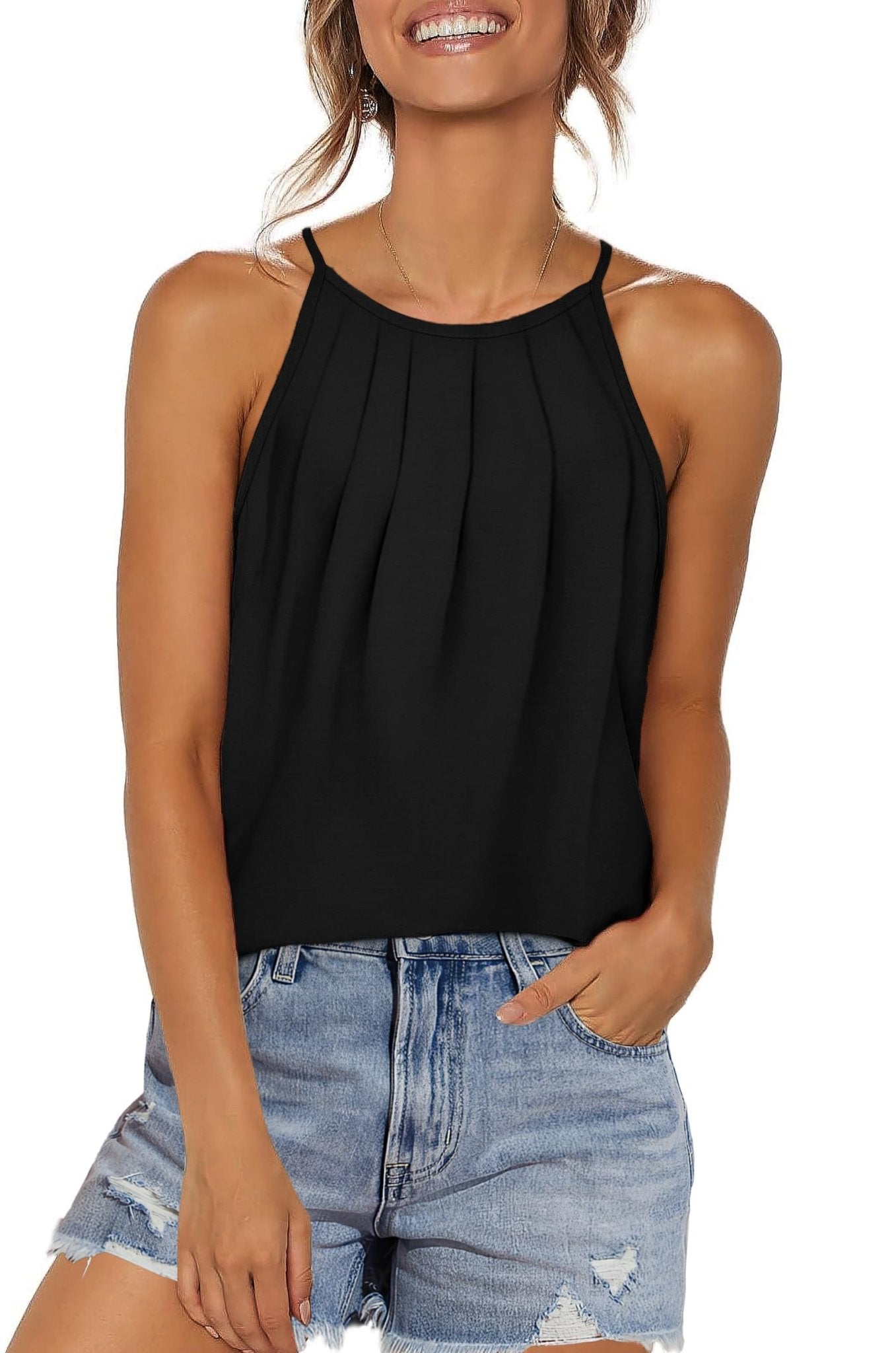 WIHOLL Womens Pleated Tank Tops Spaghetti Strap Camisole Halter Tops Curved Hem Fashion 2025