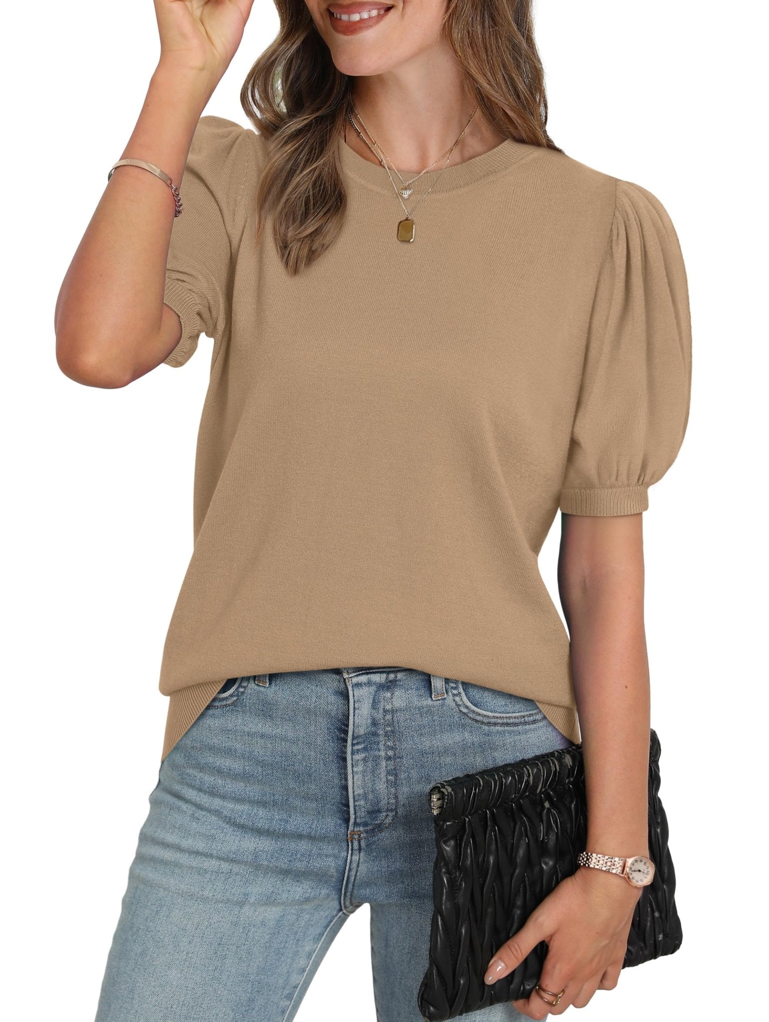 WIHOLL Women's Puff Short Sleeve Sweater 2025 Spring Summer Tops Trendy Business Casual Outfits Work Blouses Clothes