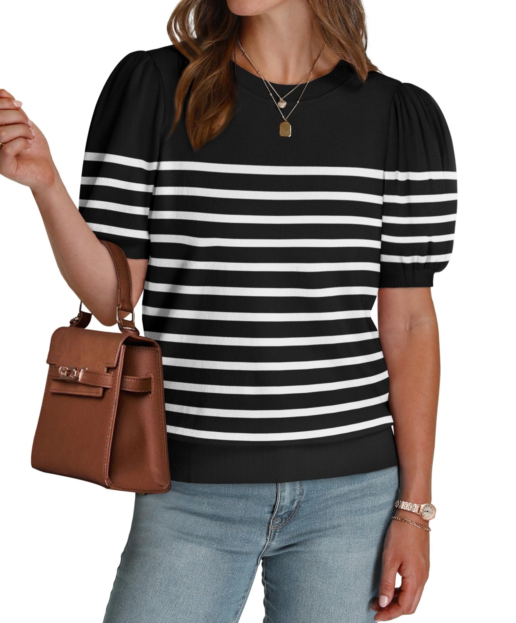 WIHOLL Women's Puff Short Sleeve Sweater 2025 Spring Summer Tops Trendy Business Casual Outfits Work Blouses Clothes