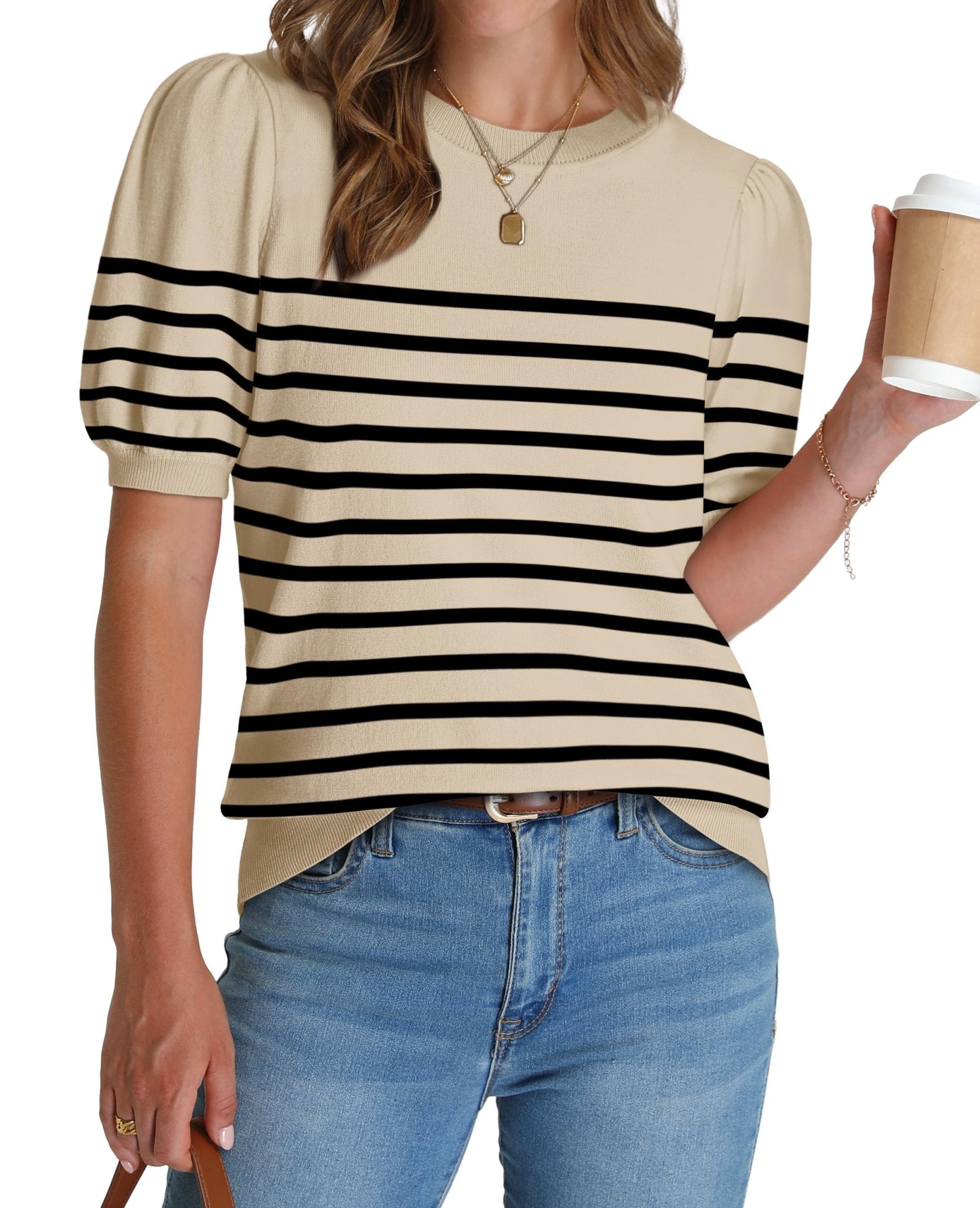 WIHOLL Women's Puff Short Sleeve Sweater 2025 Spring Summer Tops Trendy Business Casual Outfits Work Blouses Clothes