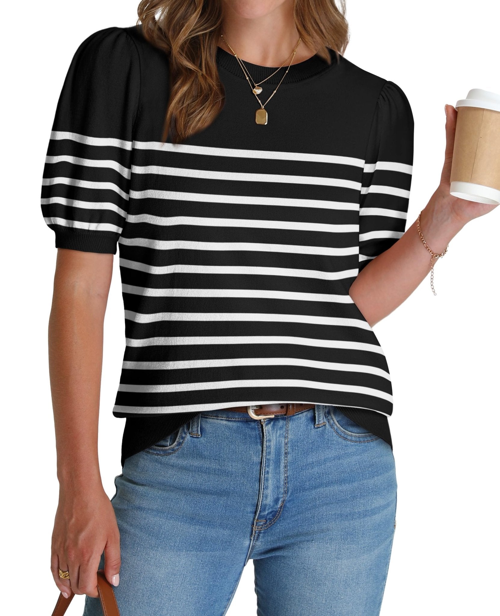 WIHOLL Women's Puff Short Sleeve Sweater 2025 Spring Summer Tops Trendy Business Casual Outfits Work Blouses Clothes