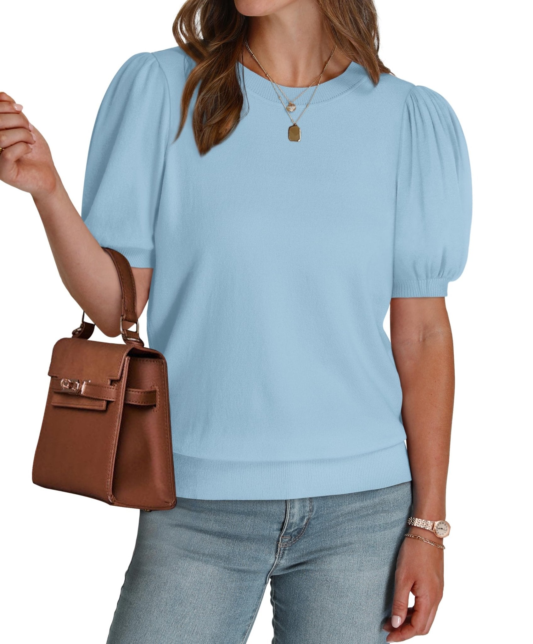 WIHOLL Women's Puff Short Sleeve Sweater 2025 Spring Summer Tops Trendy Business Casual Outfits Work Blouses Clothes