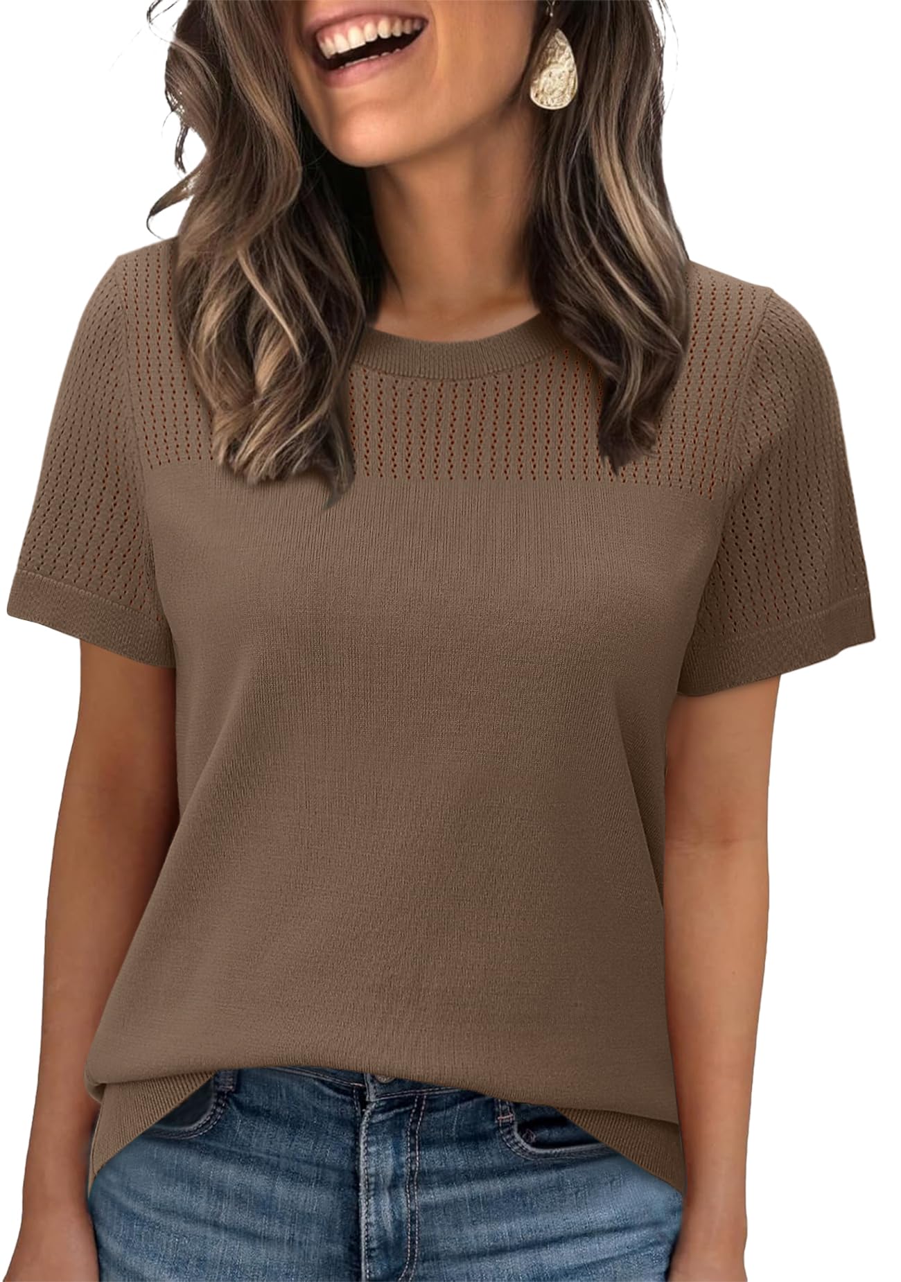 WIHOLL Women’s Short Sleeve Sweater 2025 Spring Summer Tops Pointelle Knit Business Casual Outfits Work Blouses Clothes n