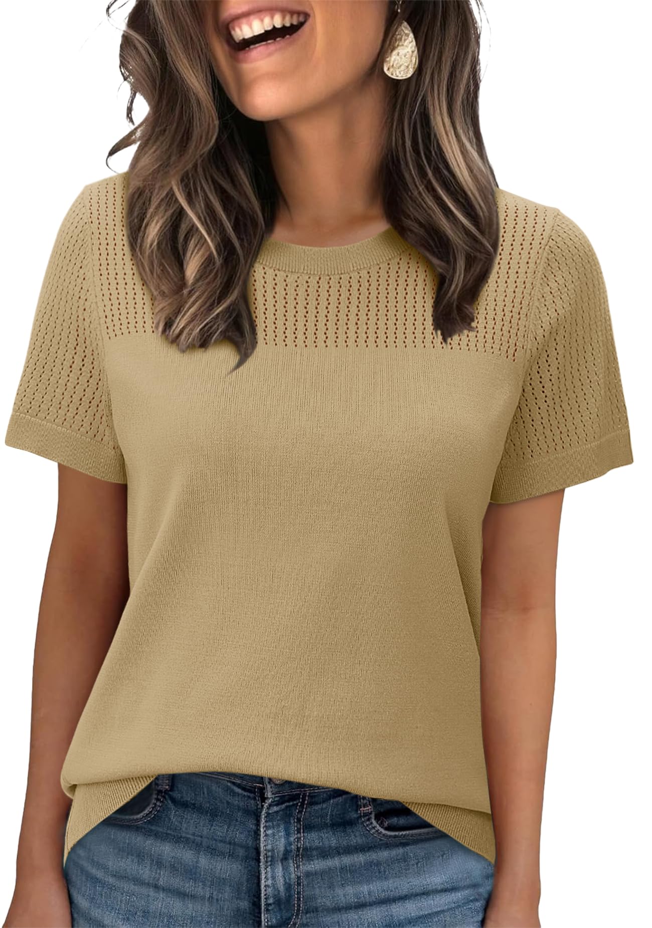 WIHOLL Women’s Short Sleeve Sweater 2025 Spring Summer Tops Pointelle Knit Business Casual Outfits Work Blouses Clothes n