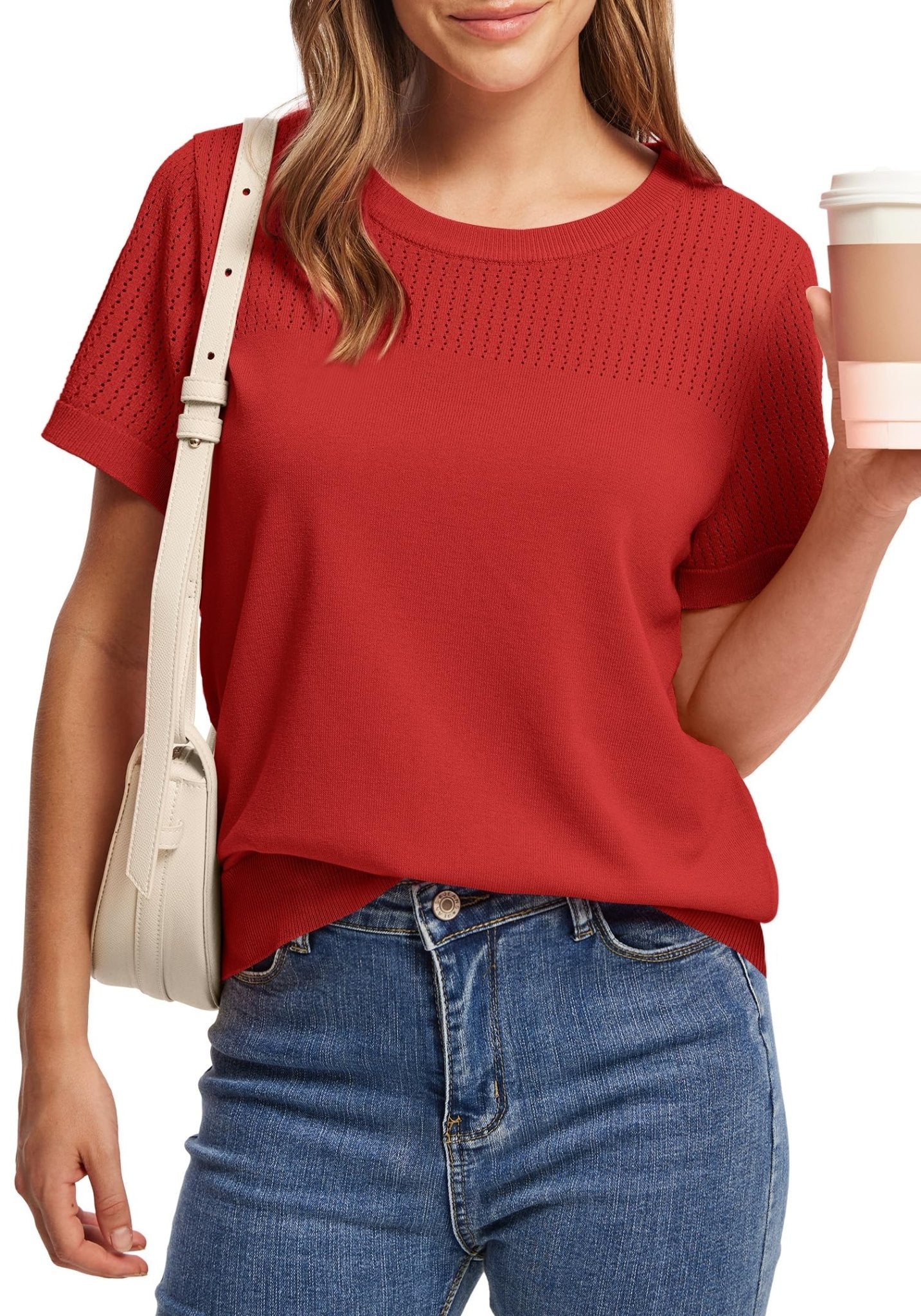 WIHOLL Women’s Short Sleeve Sweater 2025 Spring Summer Tops Pointelle Knit Business Casual Outfits Work Blouses Clothes n