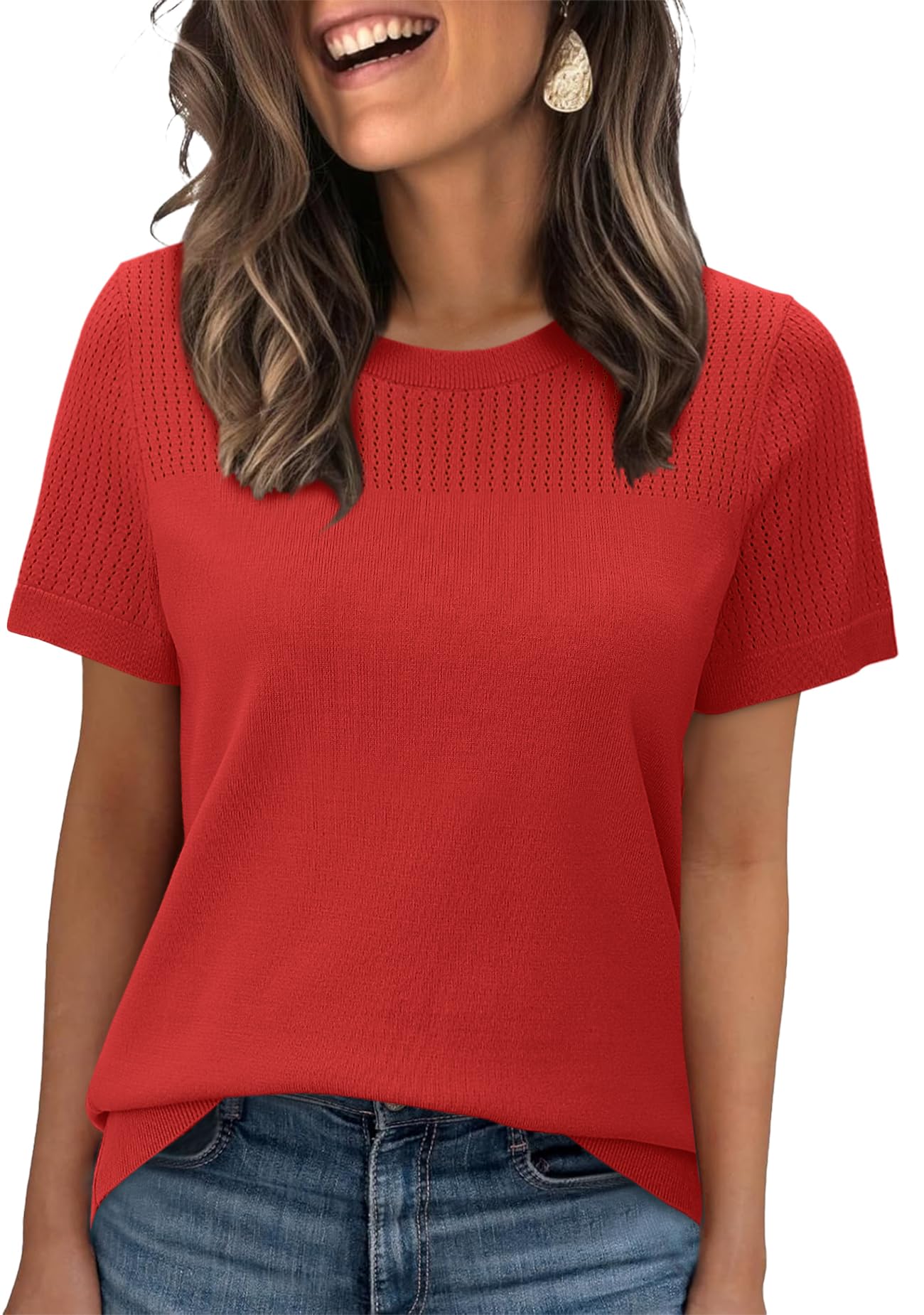 WIHOLL Women’s Short Sleeve Sweater 2025 Spring Summer Tops Pointelle Knit Business Casual Outfits Work Blouses Clothes n