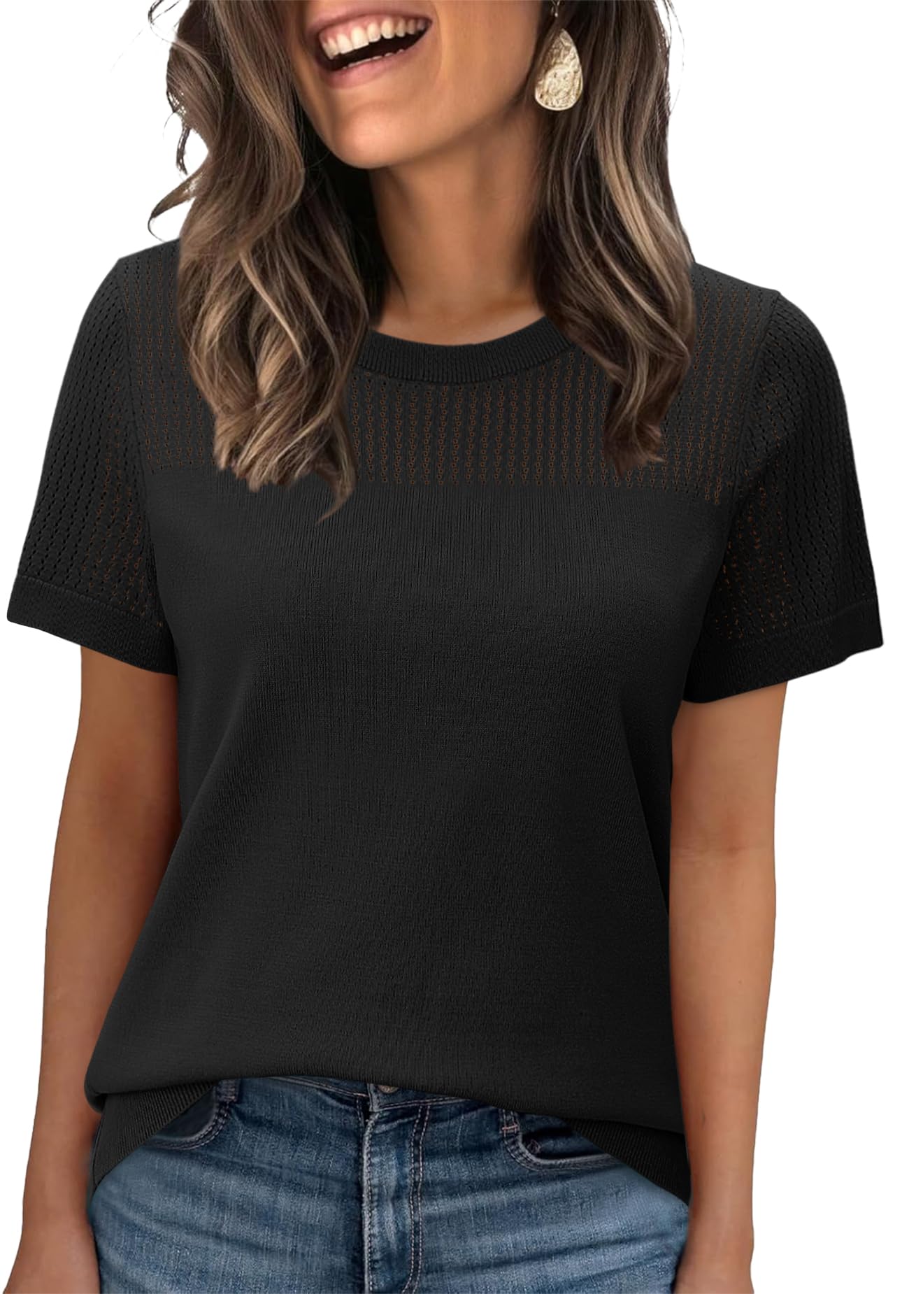 WIHOLL Women’s Short Sleeve Sweater 2025 Spring Summer Tops Pointelle Knit Business Casual Outfits Work Blouses Clothes n