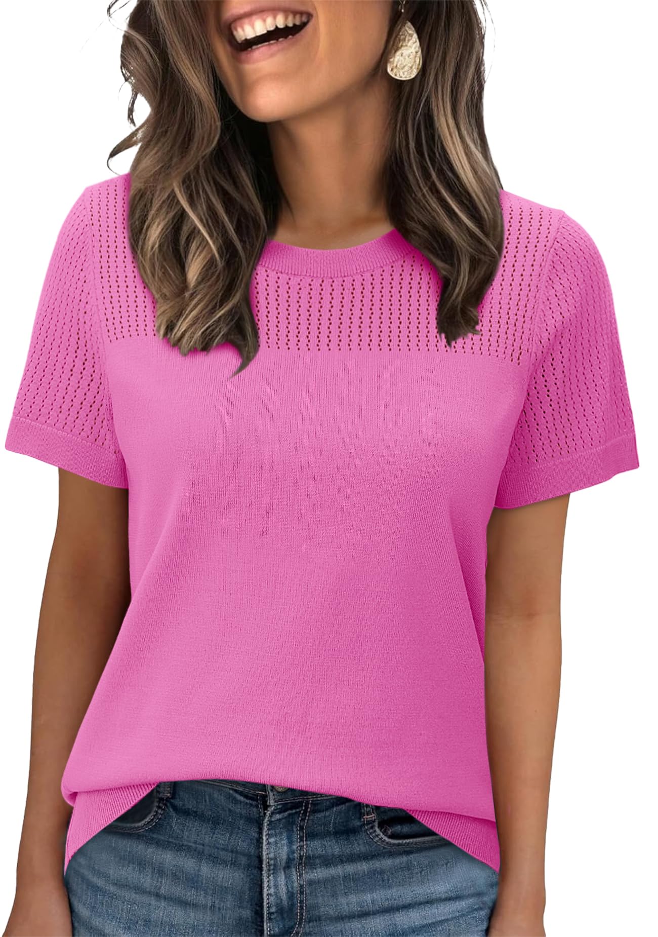 WIHOLL Women’s Short Sleeve Sweater 2025 Spring Summer Tops Pointelle Knit Business Casual Outfits Work Blouses Clothes n