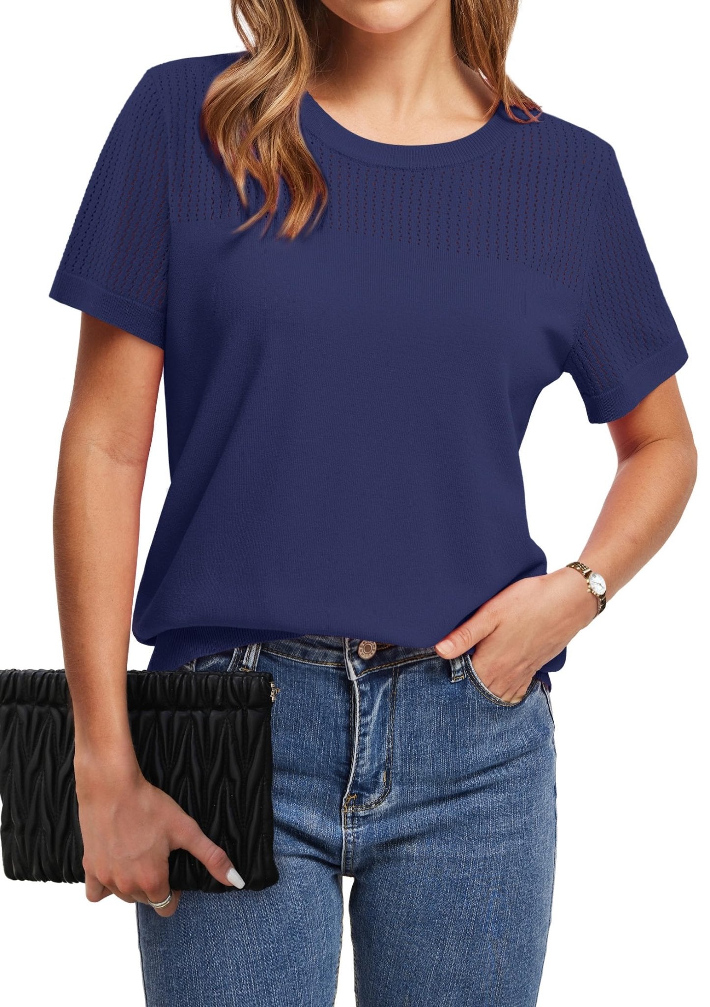 WIHOLL Women’s Short Sleeve Sweater 2025 Spring Summer Tops Pointelle Knit Business Casual Outfits Work Blouses Clothes n