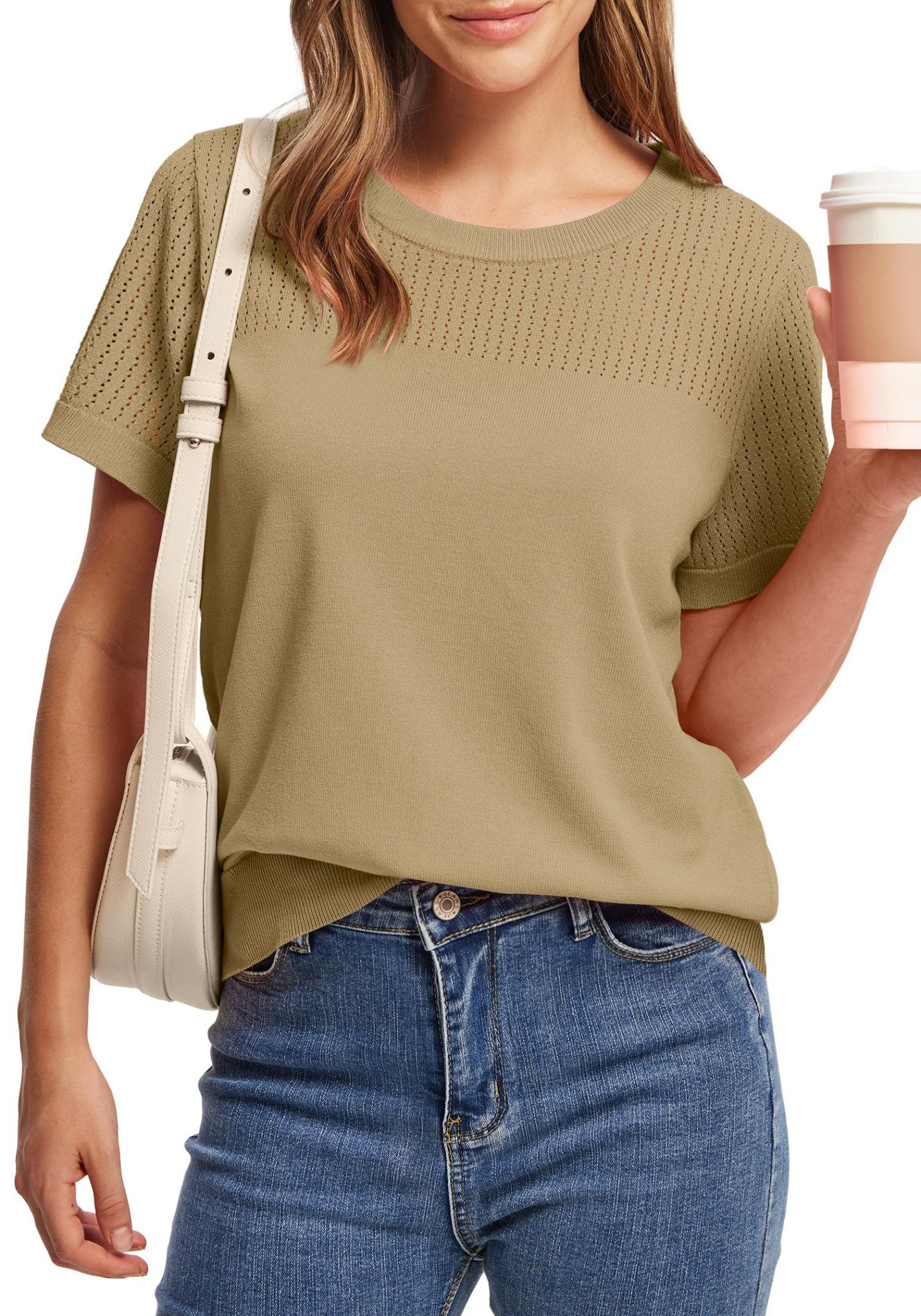 WIHOLL Women’s Short Sleeve Sweater 2025 Spring Summer Tops Pointelle Knit Business Casual Outfits Work Blouses Clothes n