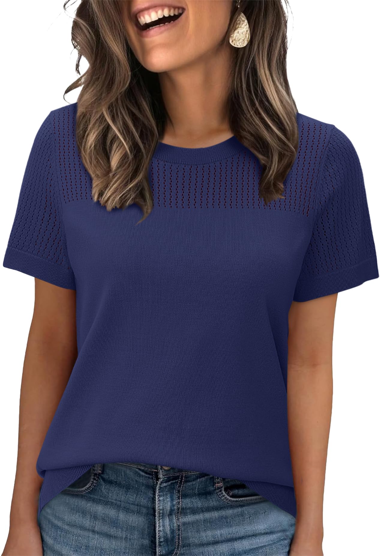 WIHOLL Women’s Short Sleeve Sweater 2025 Spring Summer Tops Pointelle Knit Business Casual Outfits Work Blouses Clothes n