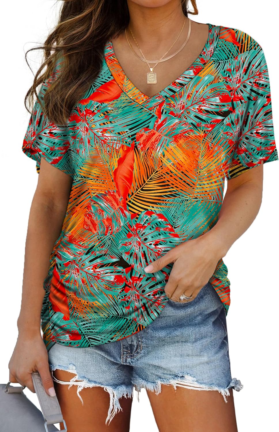 WIHOLL Womens Short Sleeve V Neck Dolman Tops with Side Shirring Loose Fit Shirts